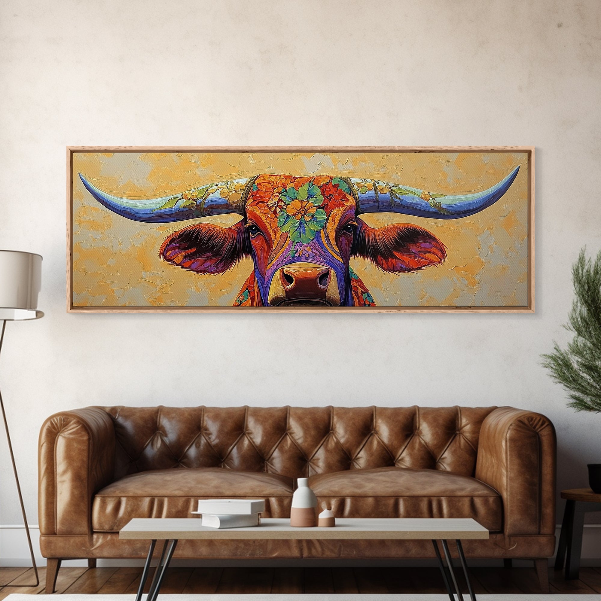 Floral Longhorn Framed Canvas Print – Southwestern Boho Wall Art