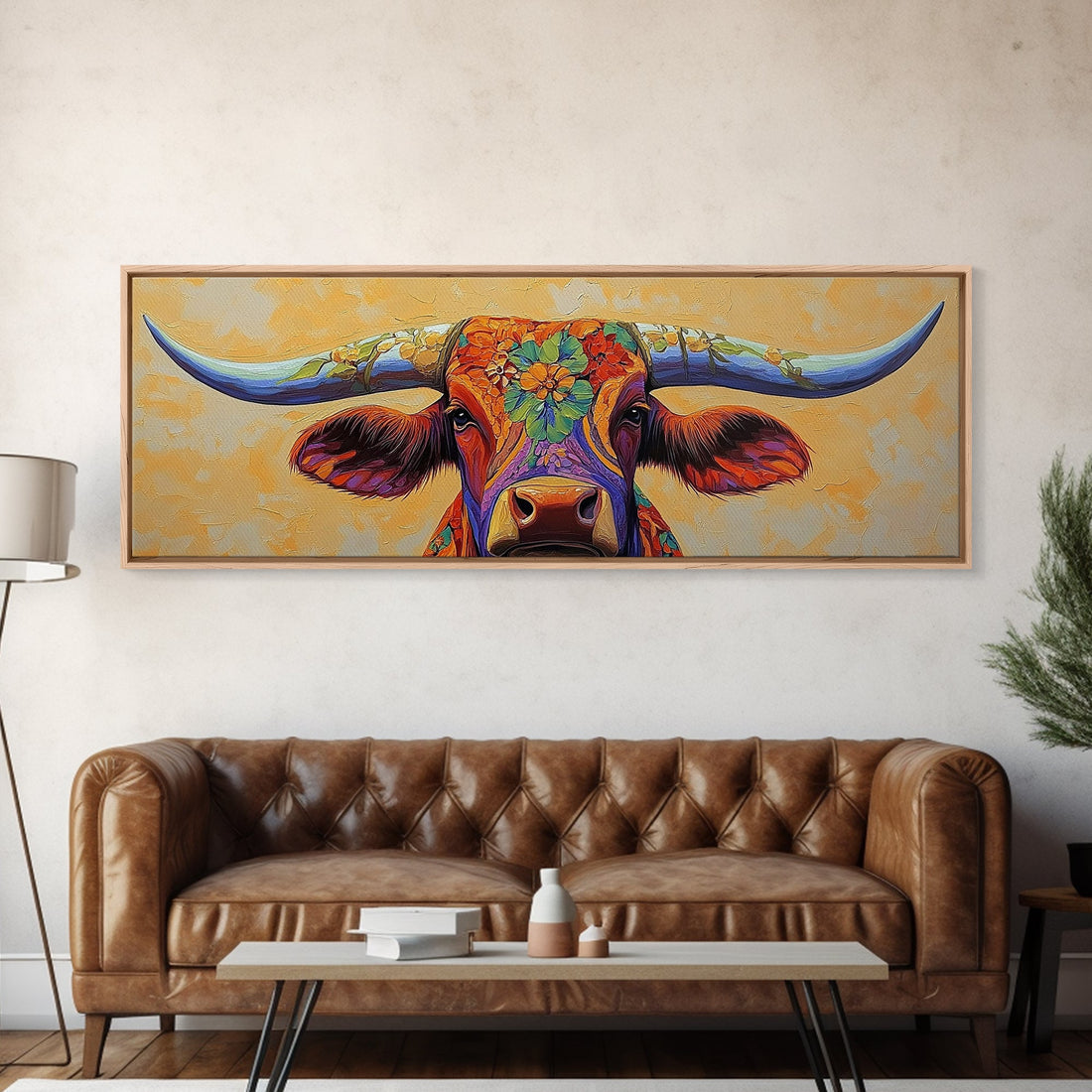 Floral Longhorn Framed Canvas Print – Southwestern Boho Wall Art
