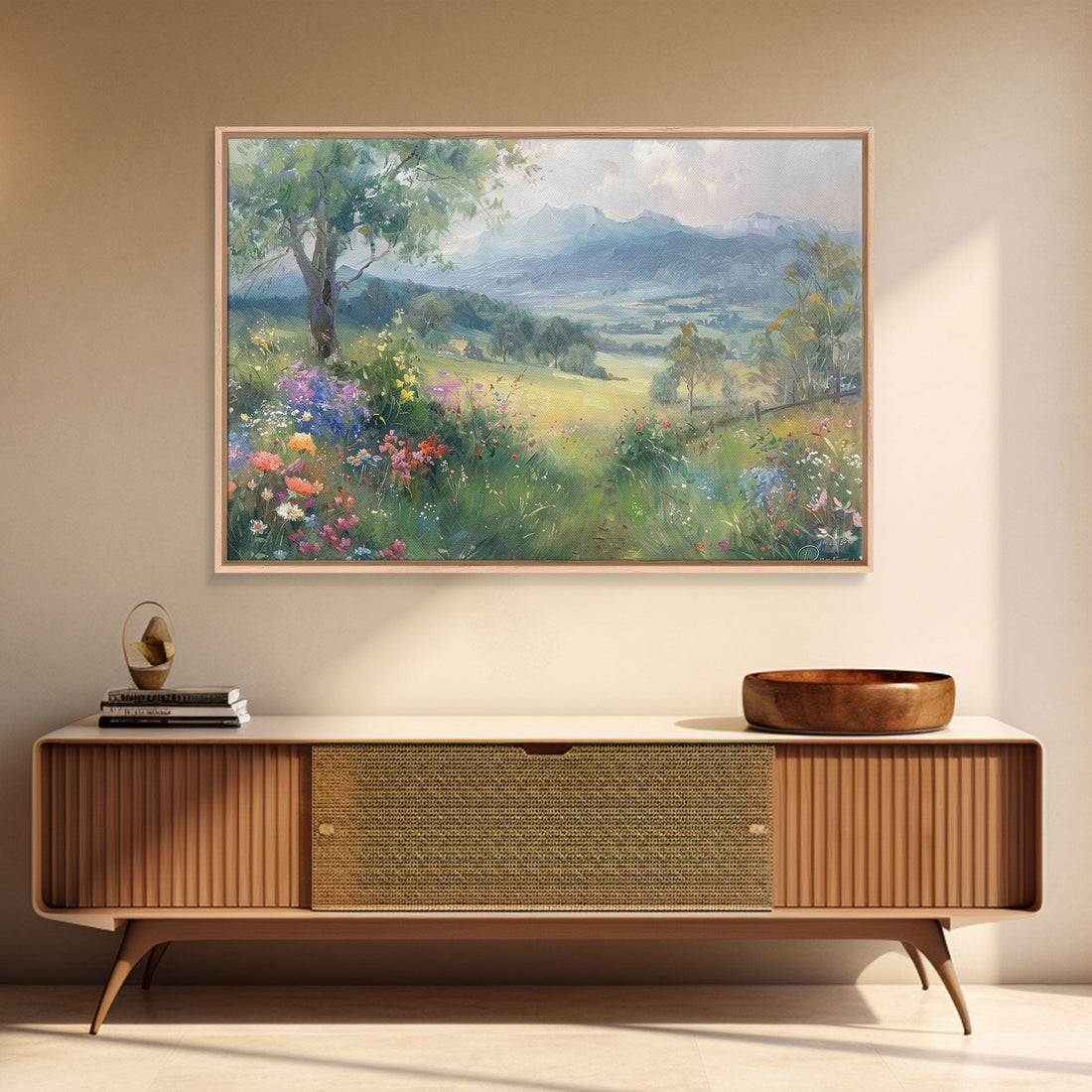 Spring Wildflower Field Painting Large Wall Art Print, Framed Canvas
