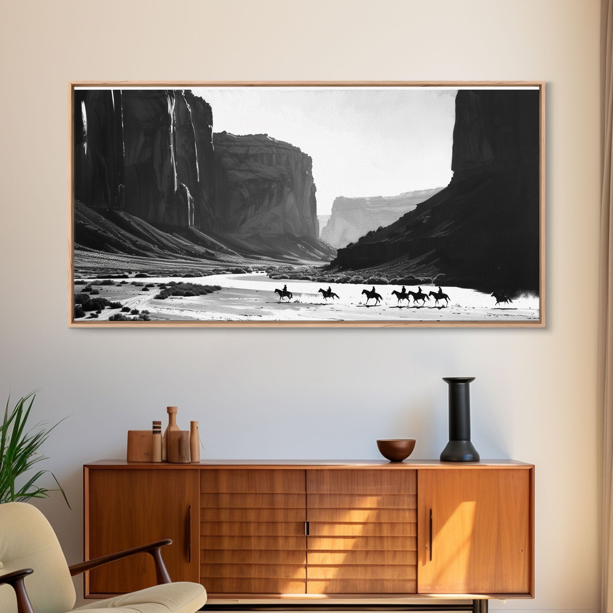 Cowboys Riding Through Canyon – Framed Western Canvas Print