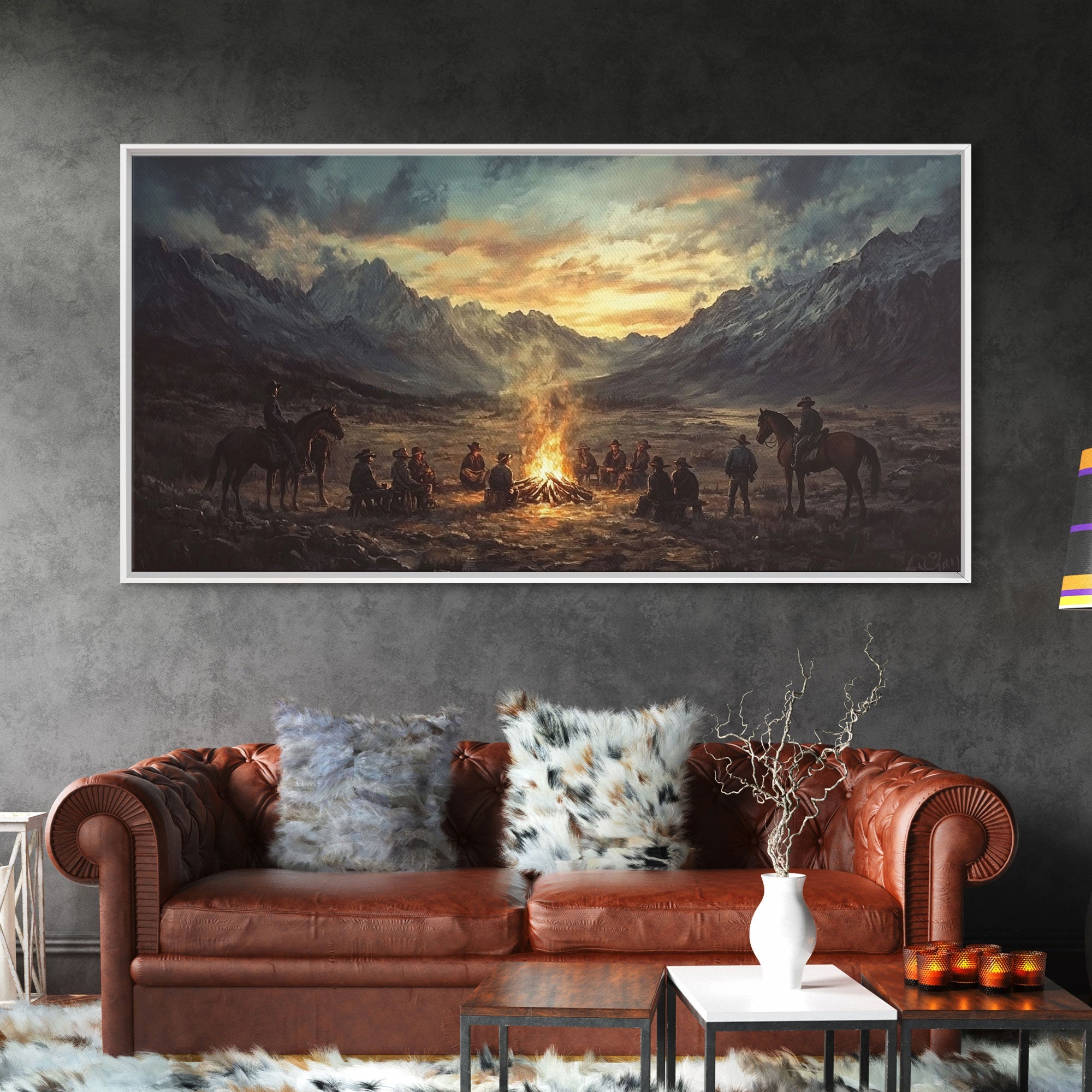 Sunset Cowboys Around Campfire – Framed Western Canvas Print