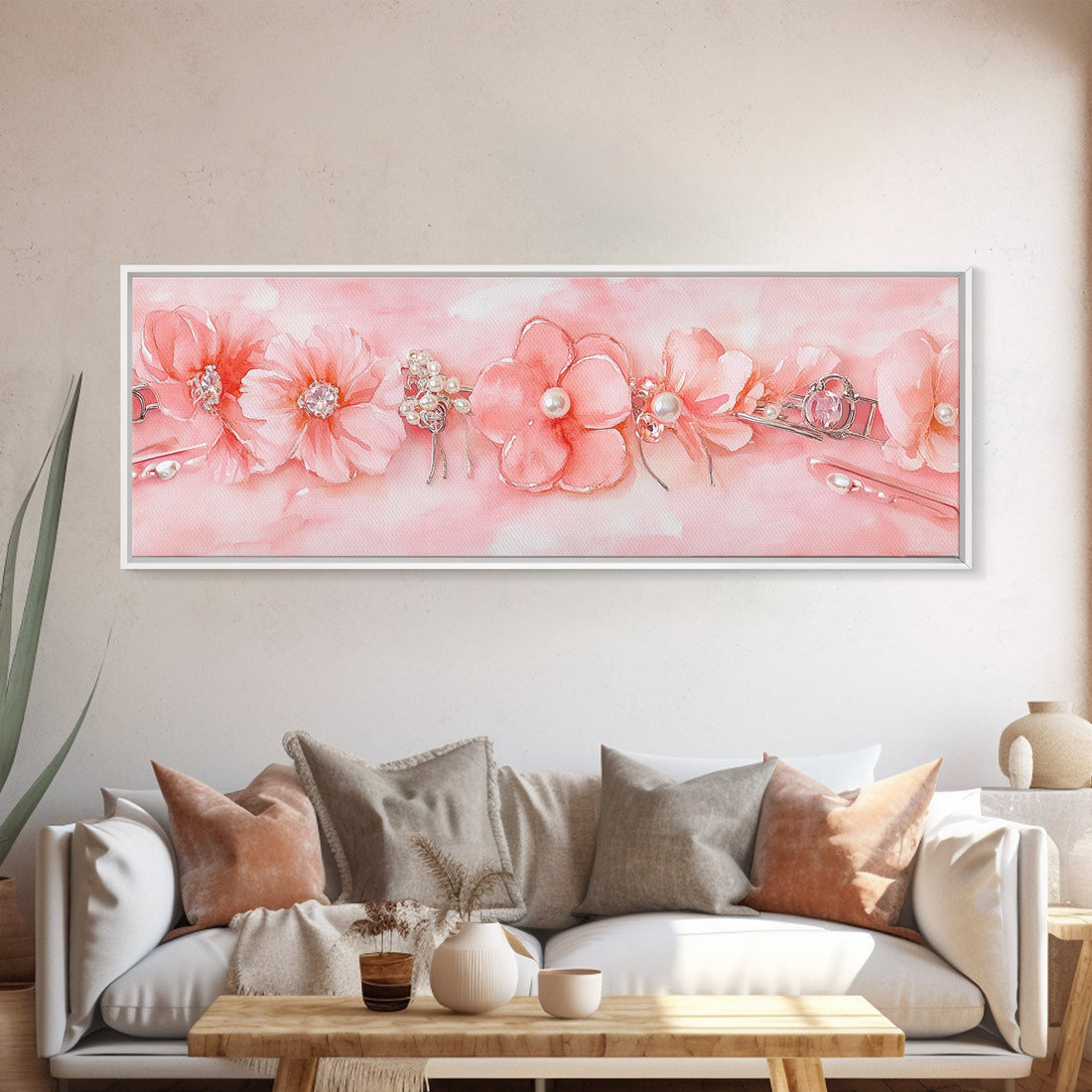 Cherry Blossom Canvas Print with Pearl Accents – Romantic Pink Wall Art