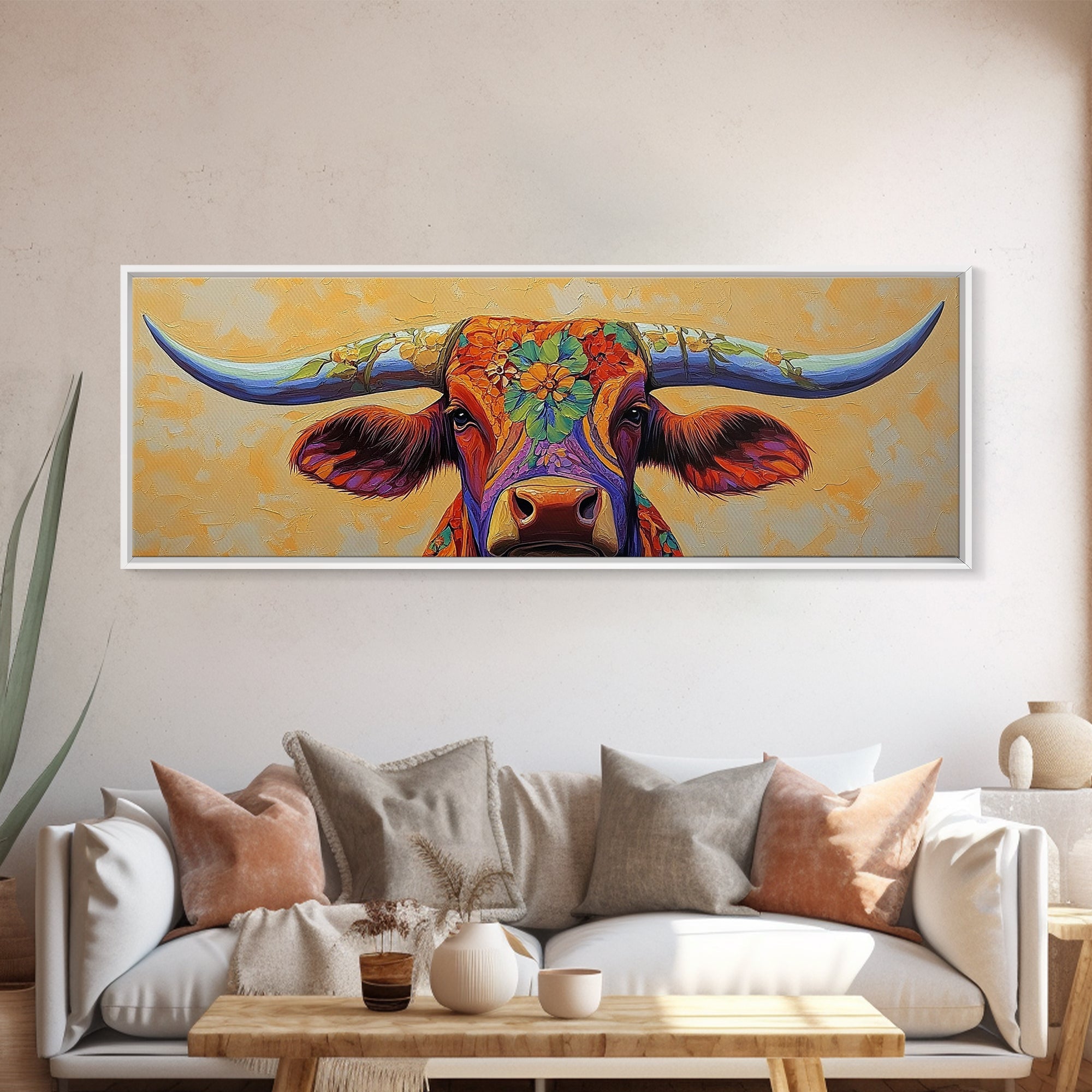 Floral Longhorn Framed Canvas Print – Southwestern Boho Wall Art