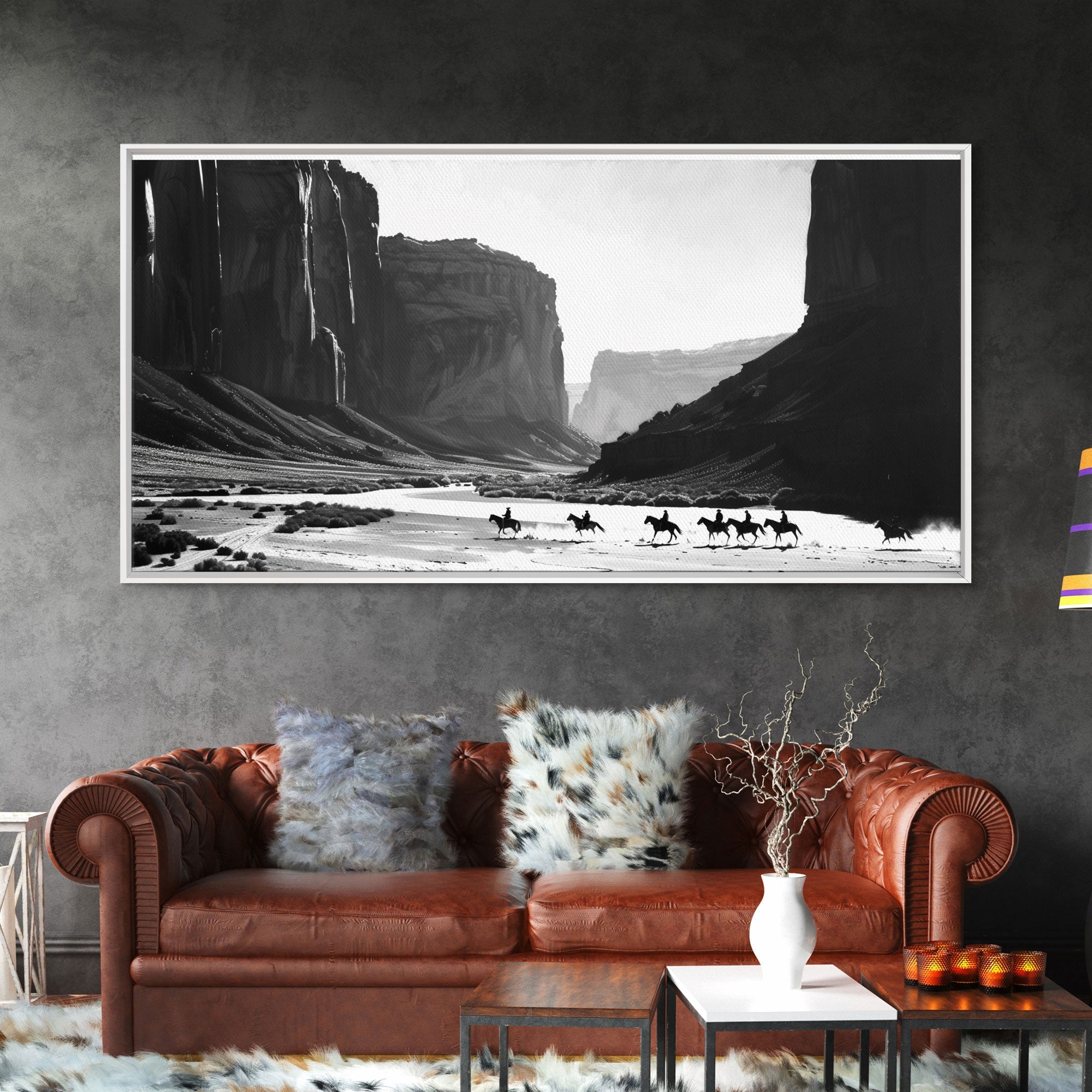 Cowboys Riding Through Canyon – Framed Western Canvas Print