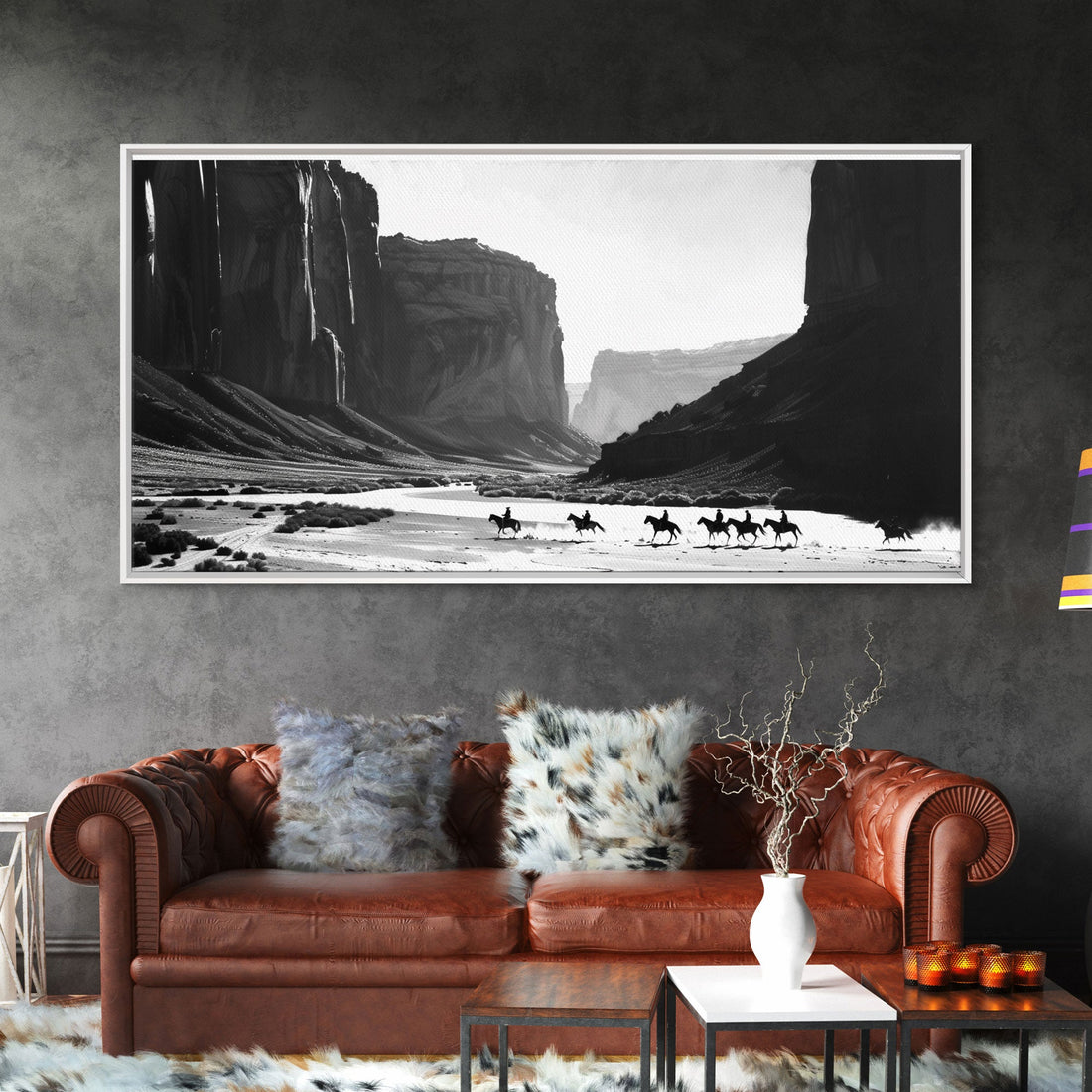 Cowboys Riding Through Canyon – Framed Western Canvas Print