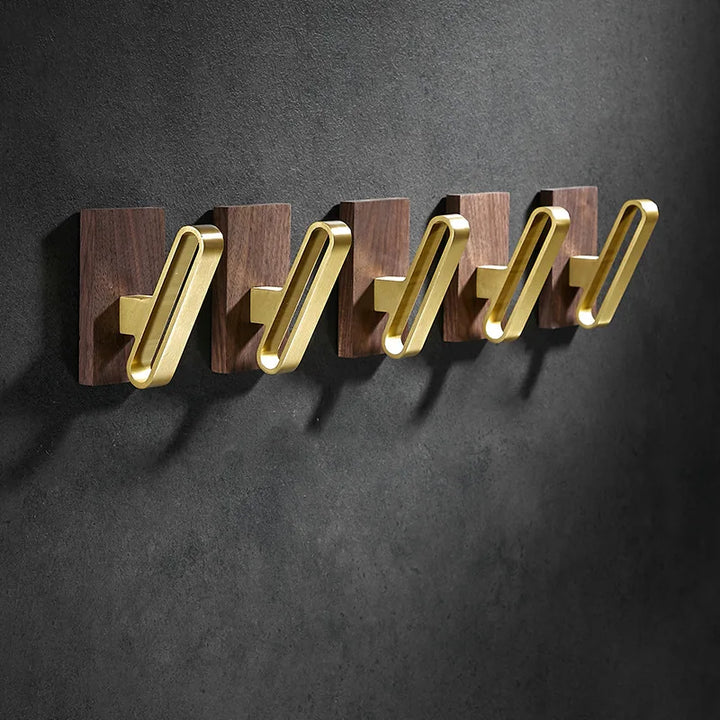 DecorBites™ Brass Brushed Gold Wall Hook for Bathroom and Kitchen with Wood Accent