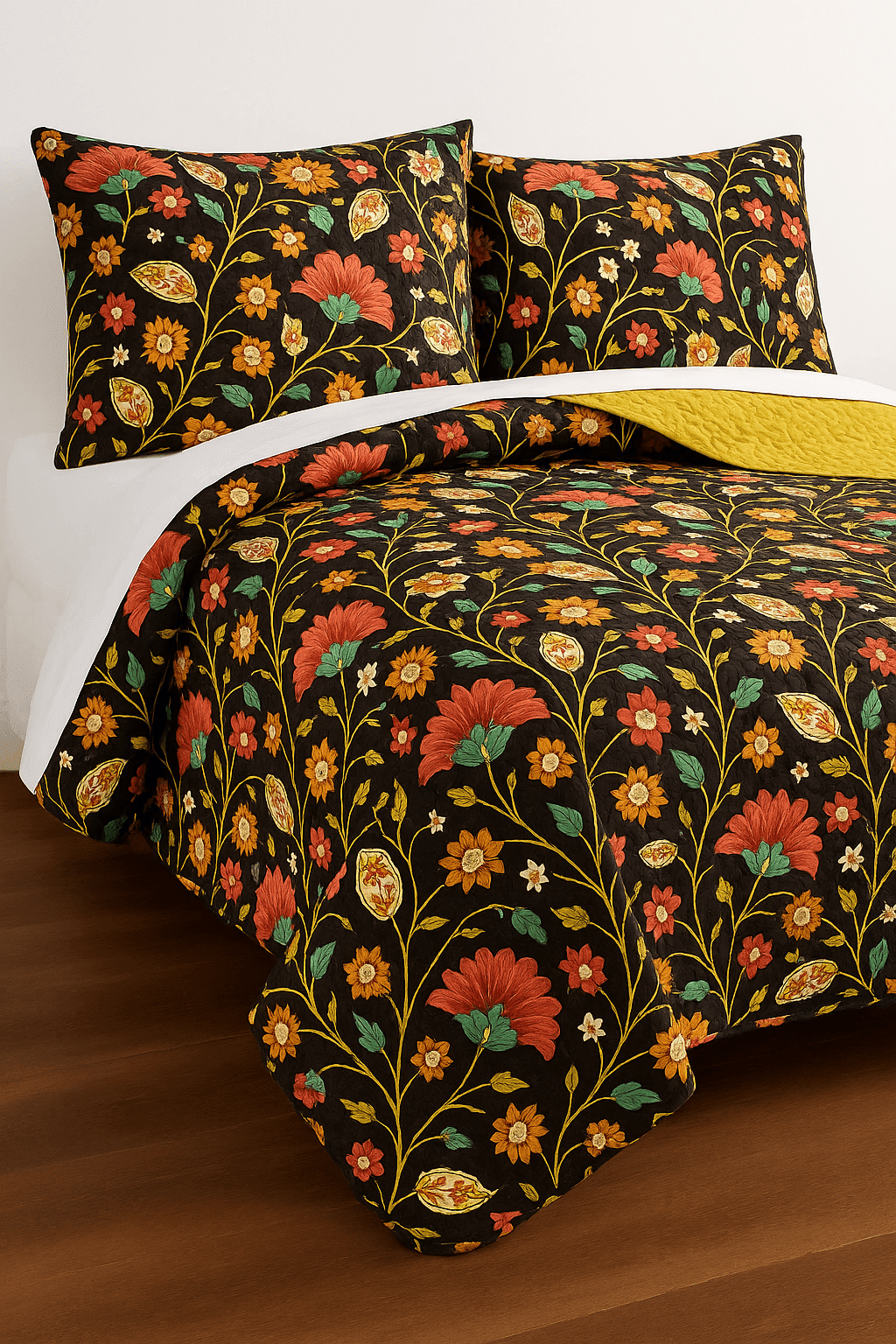 Marigold’s Floral Brown & Yellow Quilted Bedspread Set (HS-3330)