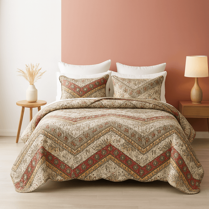 DaDa Bedding Rustic Bohemian Cranberry Sage Chevron Floral Bedspread Set (JHW-924)