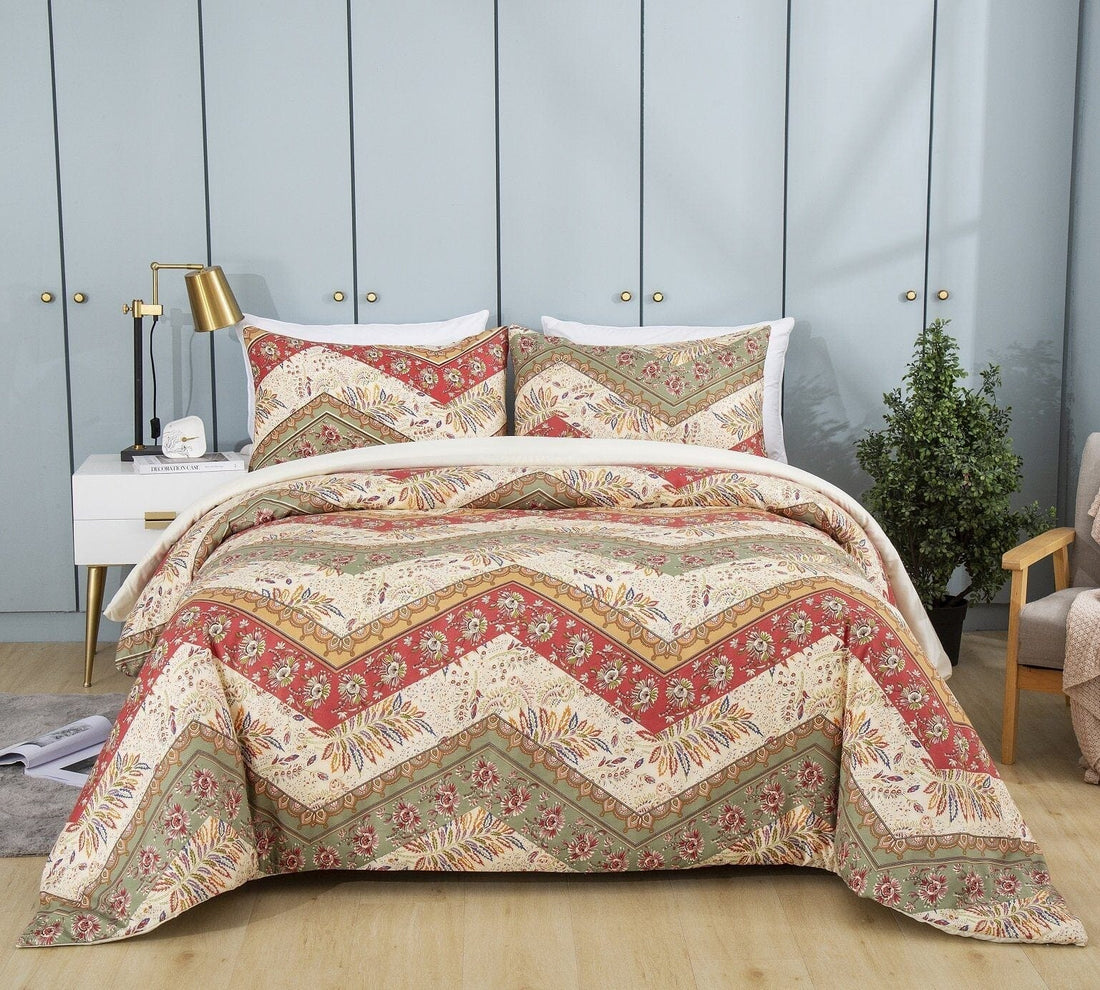 Botanical Cranberry Sage Chevron Duvet Cover Set (JHW-924)
