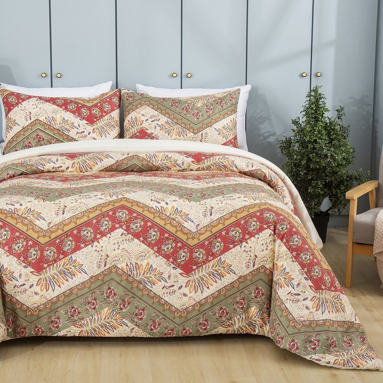 Botanical Cranberry Sage Chevron Duvet Cover Set (JHW-924)