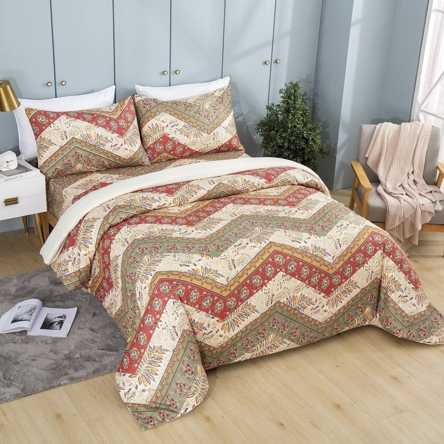 Botanical Cranberry Sage Chevron Duvet Cover Set (JHW-924)