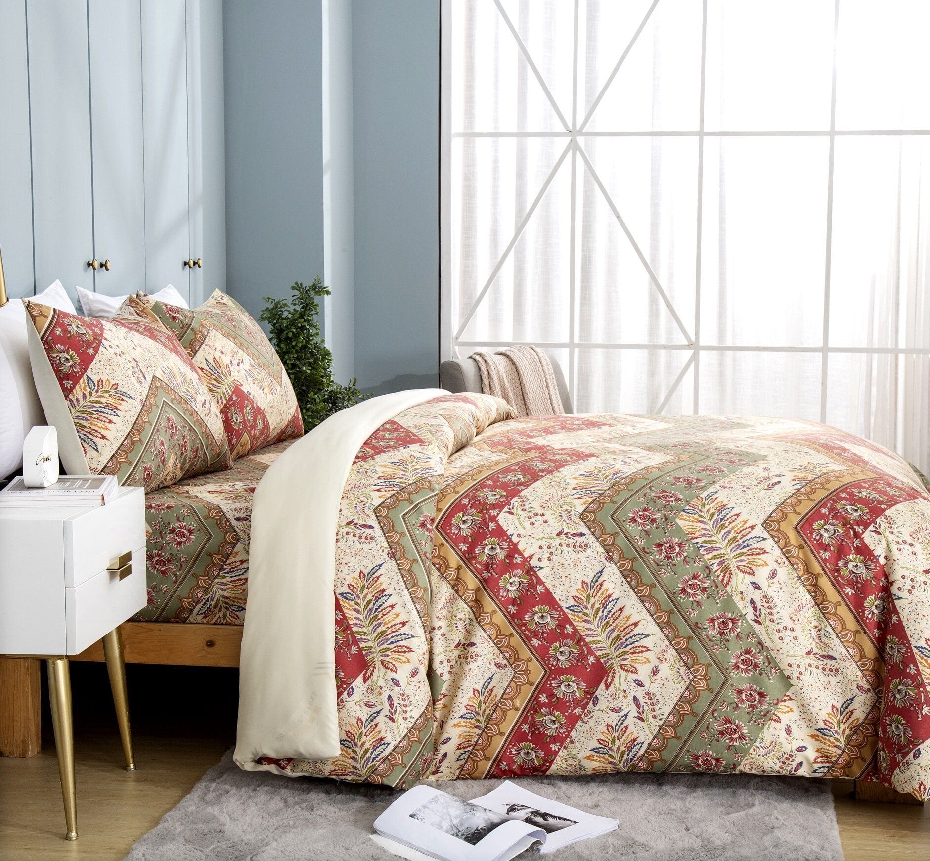 Botanical Cranberry Sage Chevron Duvet Cover Set (JHW-924)
