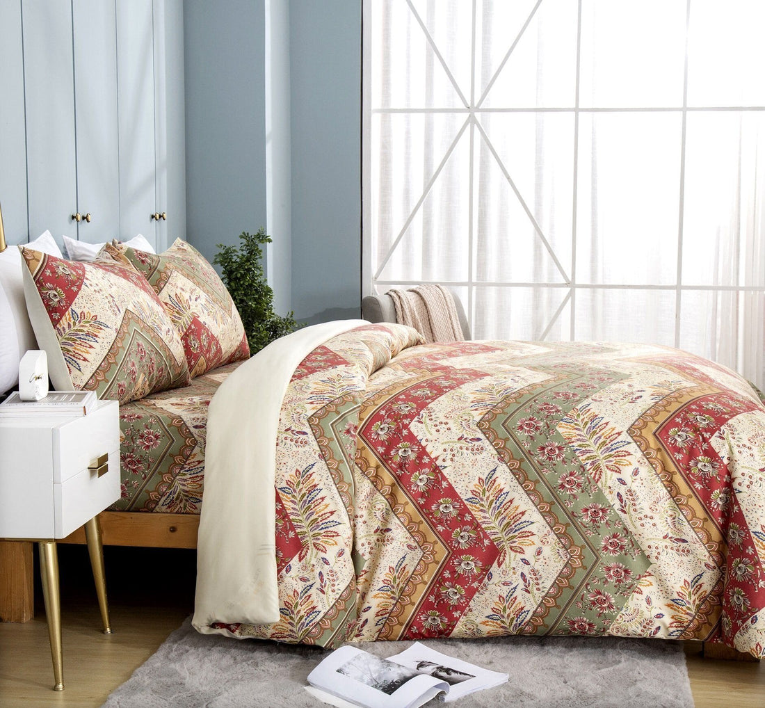 Botanical Cranberry Sage Chevron Duvet Cover Set (JHW-924)