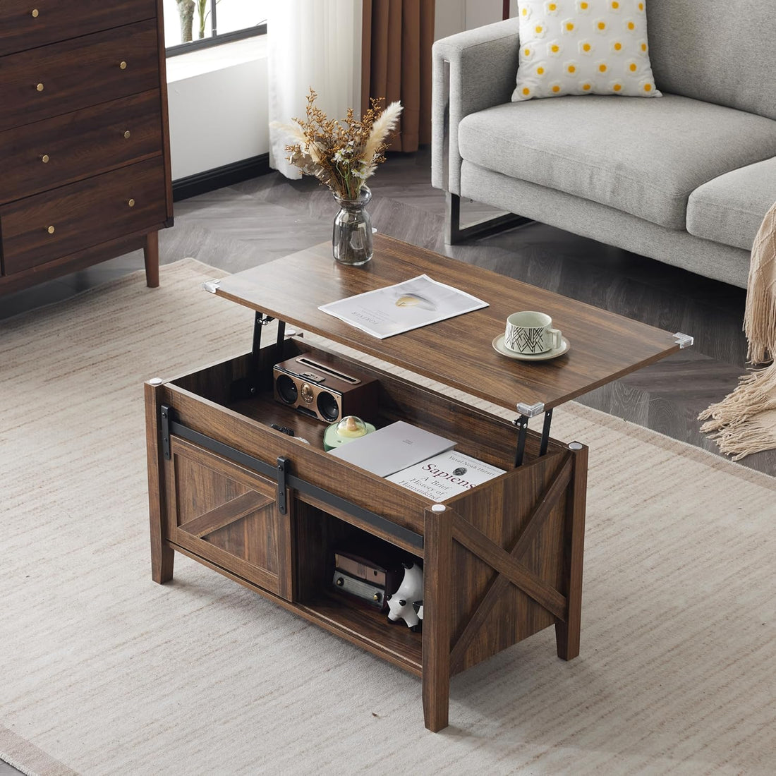 Lift Top Coffee Table Farmhouse Rustic with Sliding Barn Door
