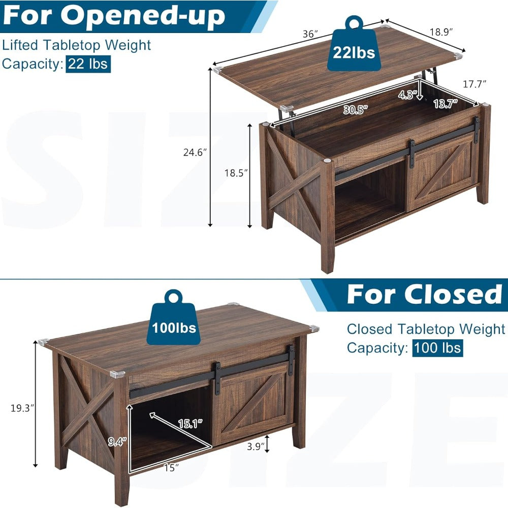 Lift Top Coffee Table Farmhouse Rustic with Sliding Barn Door