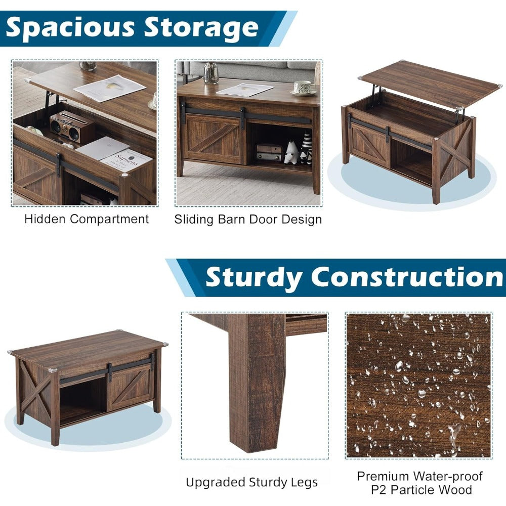 Lift Top Coffee Table Farmhouse Rustic with Sliding Barn Door