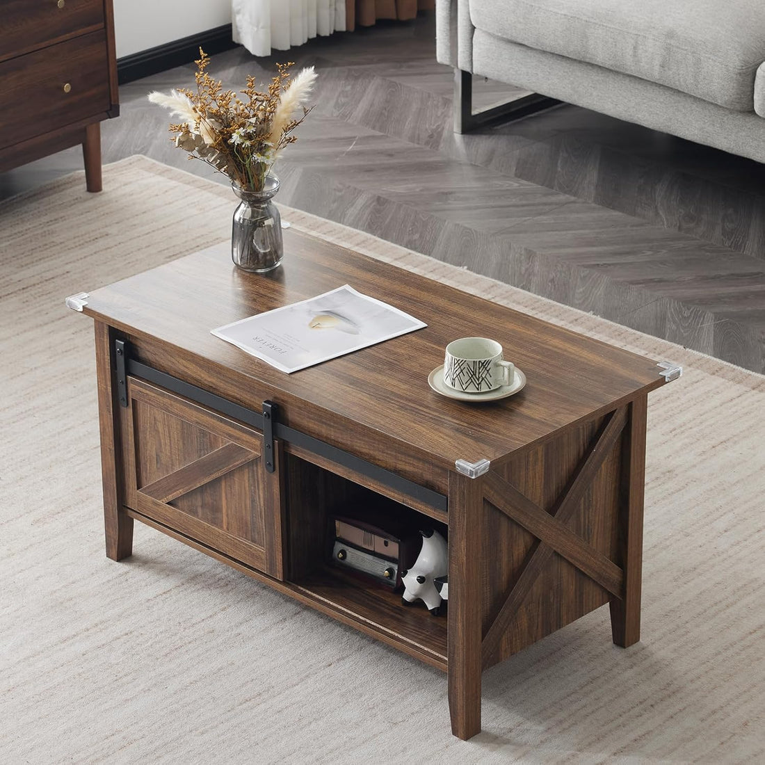 Lift Top Coffee Table Farmhouse Rustic with Sliding Barn Door