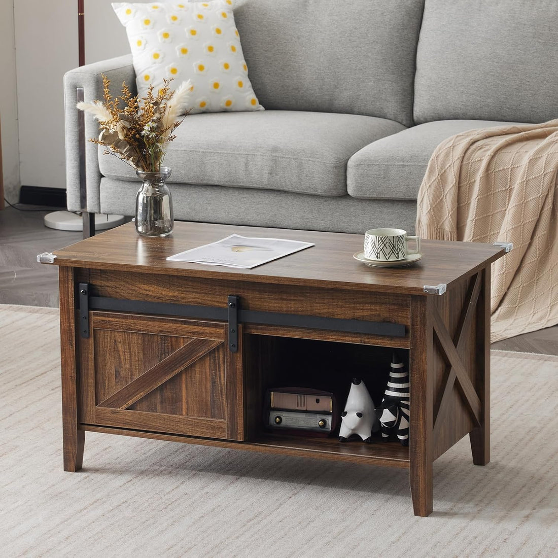 Lift Top Coffee Table Farmhouse Rustic with Sliding Barn Door