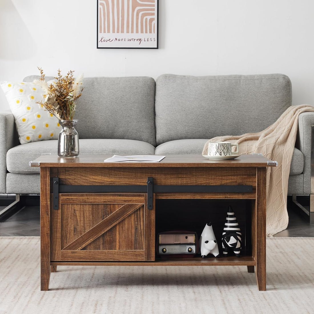 Lift Top Coffee Table Farmhouse Rustic with Sliding Barn Door