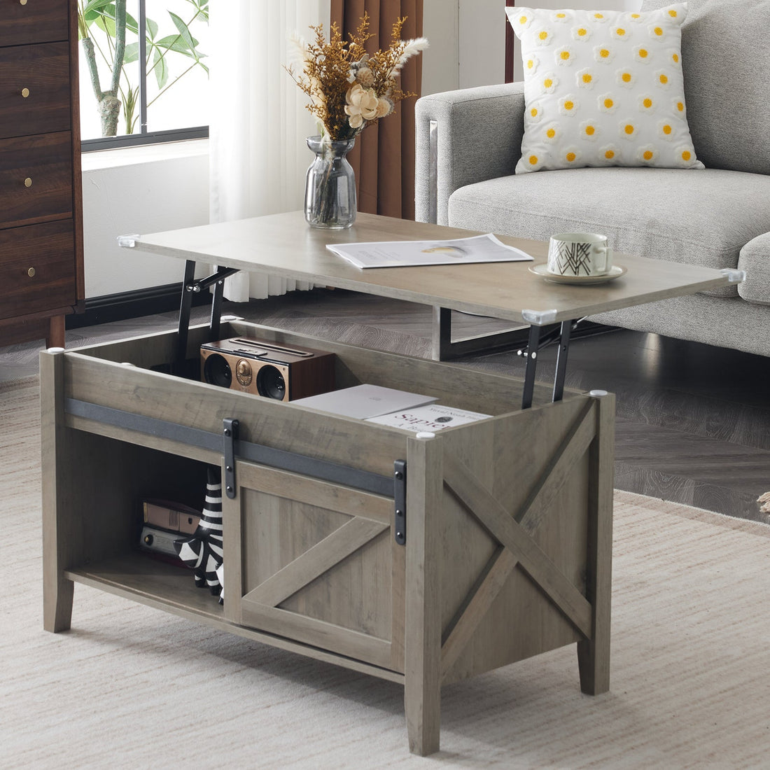 Lift Top Coffee Table Farmhouse Rustic with Sliding Barn Door