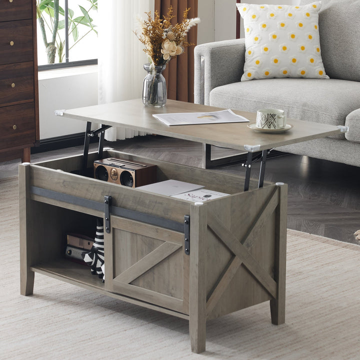 Lift Top Coffee Table Farmhouse Rustic with Sliding Barn Door