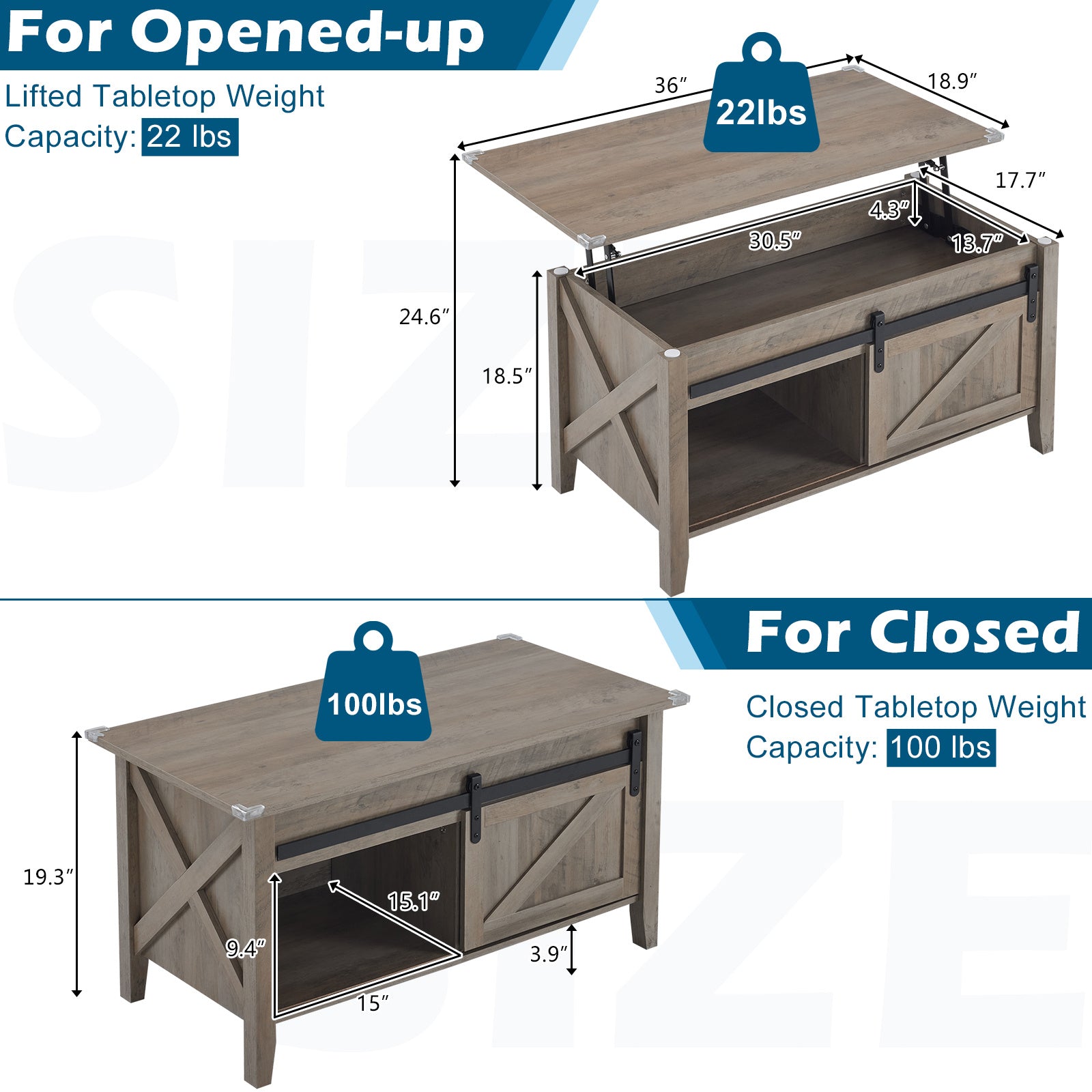 Lift Top Coffee Table Farmhouse Rustic with Sliding Barn Door