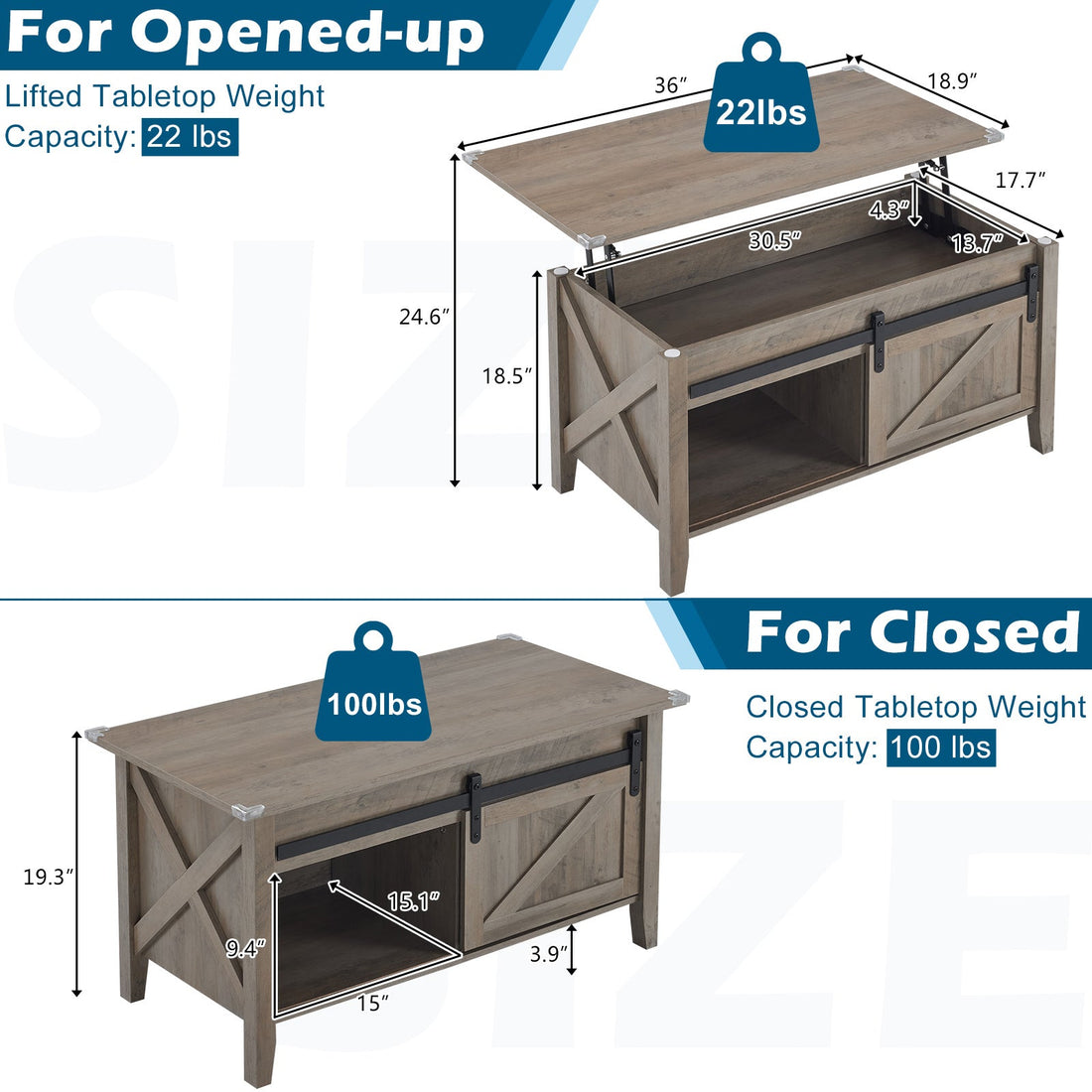 Lift Top Coffee Table Farmhouse Rustic with Sliding Barn Door