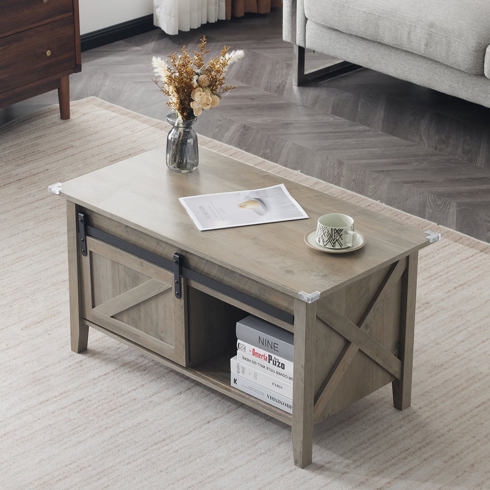 Lift Top Coffee Table Farmhouse Rustic with Sliding Barn Door