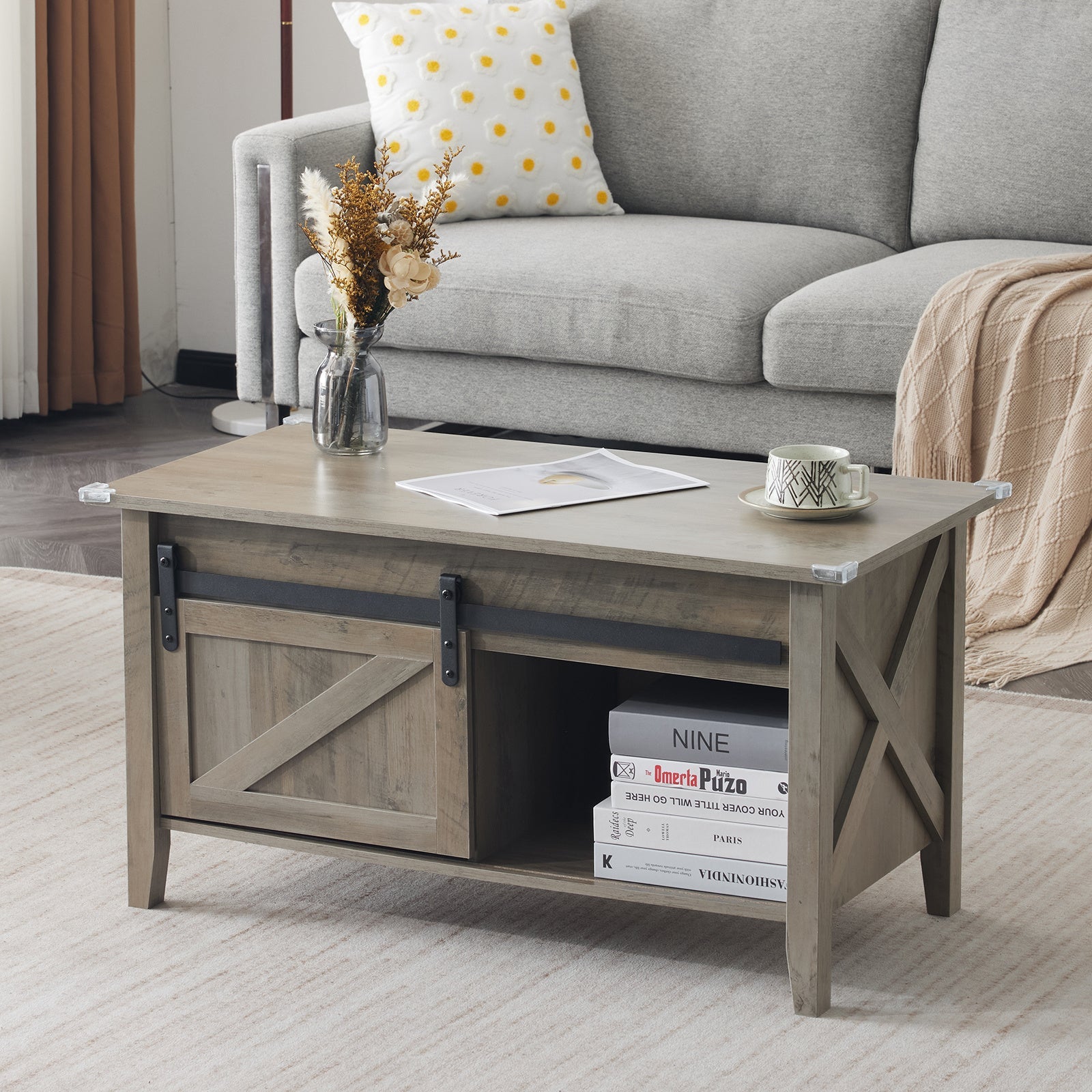 Lift Top Coffee Table Farmhouse Rustic with Sliding Barn Door