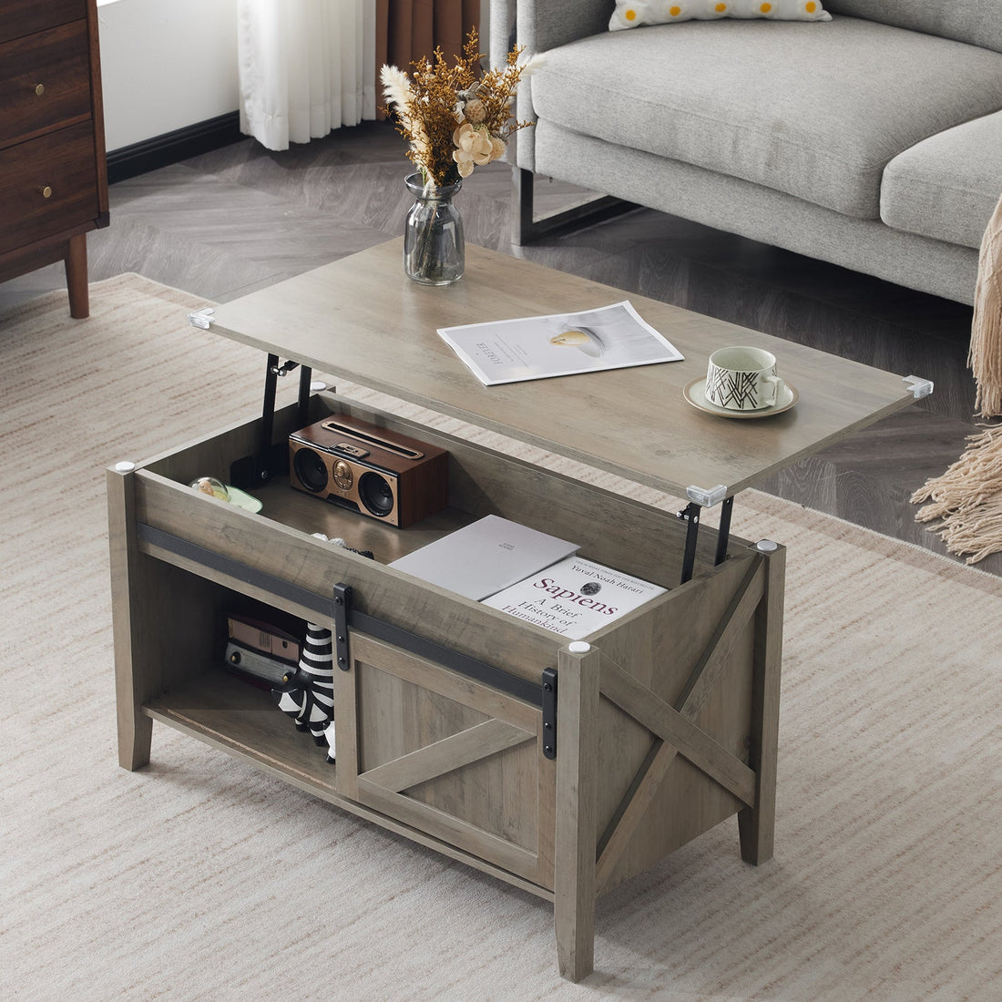 Lift Top Coffee Table Farmhouse Rustic with Sliding Barn Door