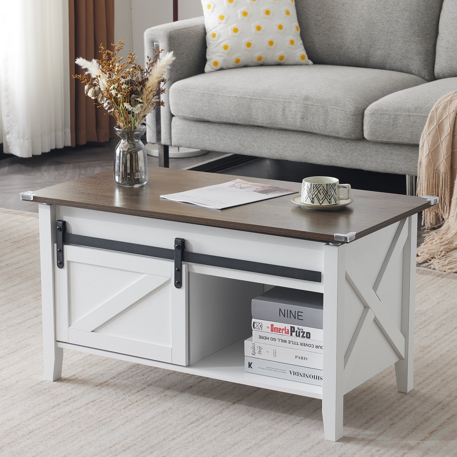 Lift Top Coffee Table Farmhouse Rustic with Sliding Barn Door