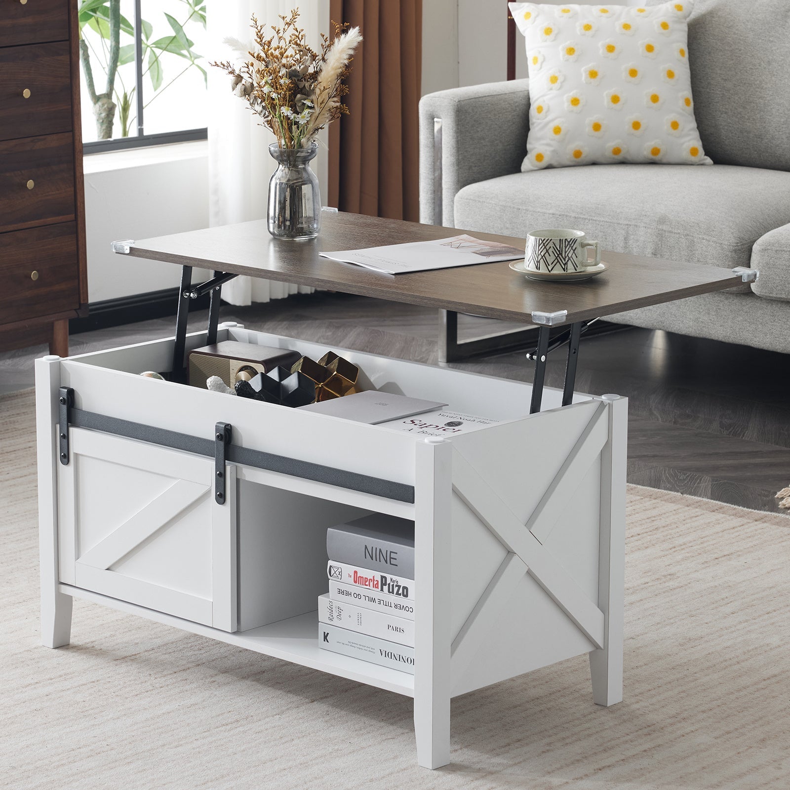 Lift Top Coffee Table Farmhouse Rustic with Sliding Barn Door