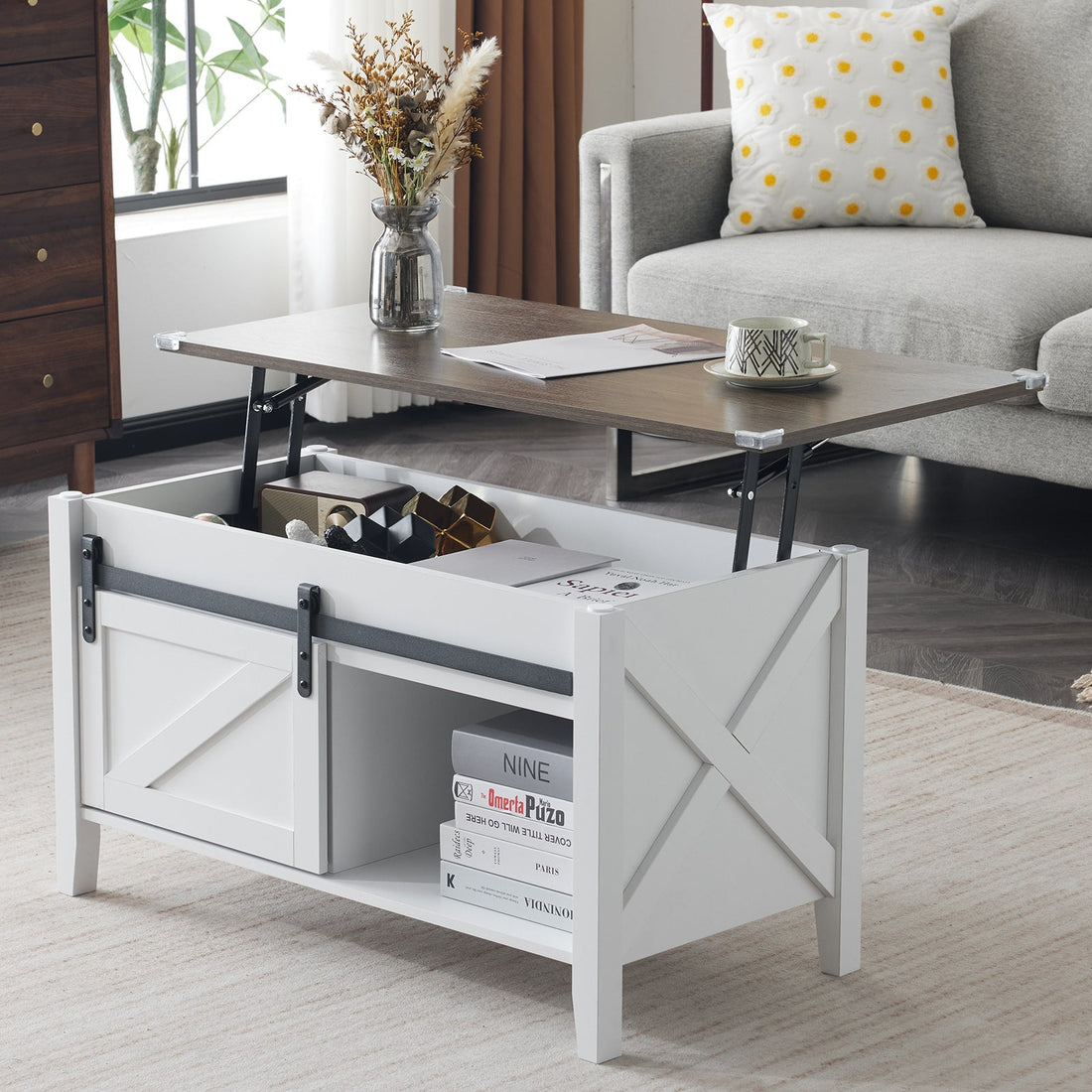 Lift Top Coffee Table Farmhouse Rustic with Sliding Barn Door