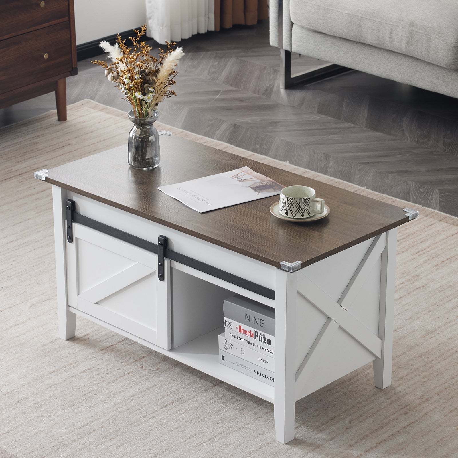 Lift Top Coffee Table Farmhouse Rustic with Sliding Barn Door