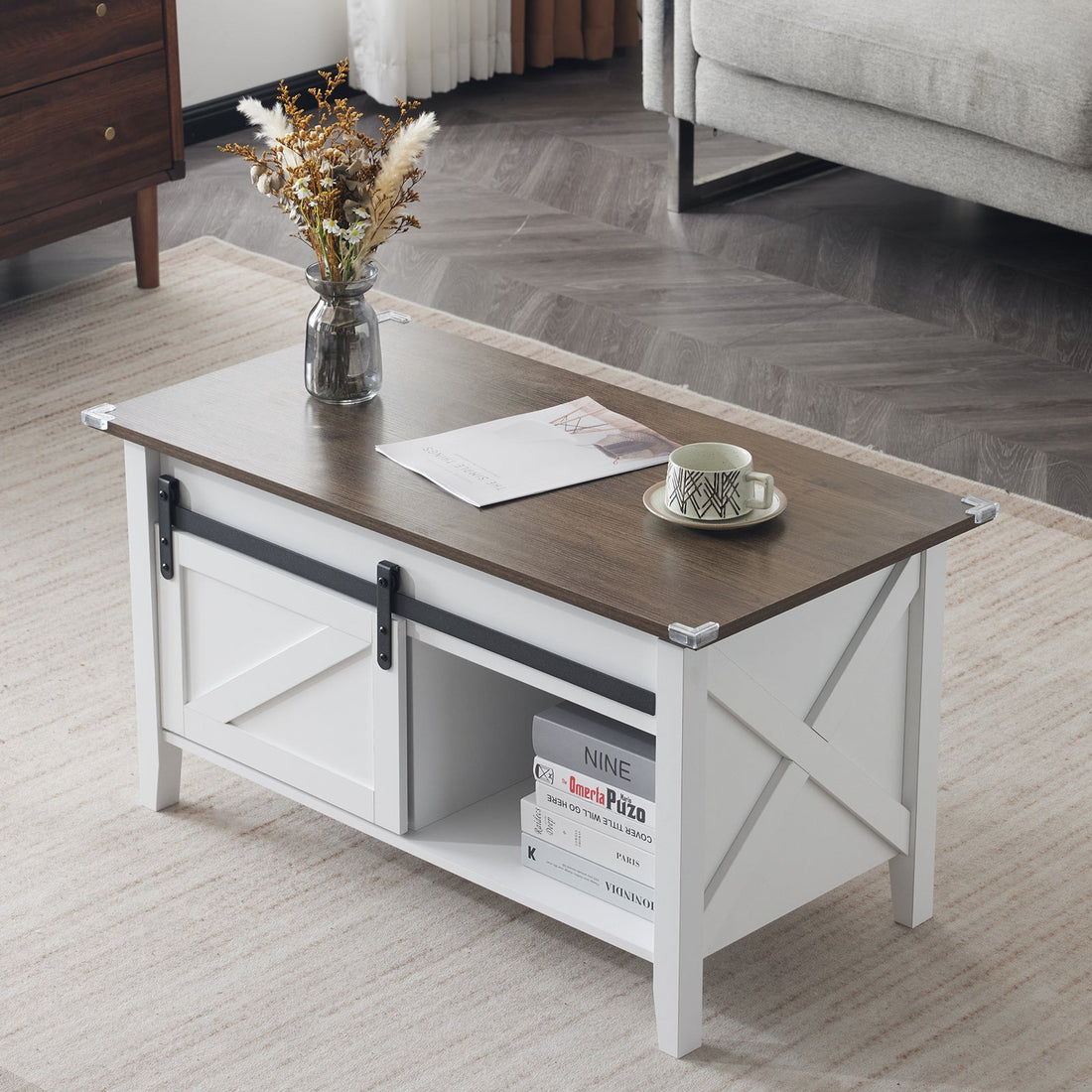 Lift Top Coffee Table Farmhouse Rustic with Sliding Barn Door