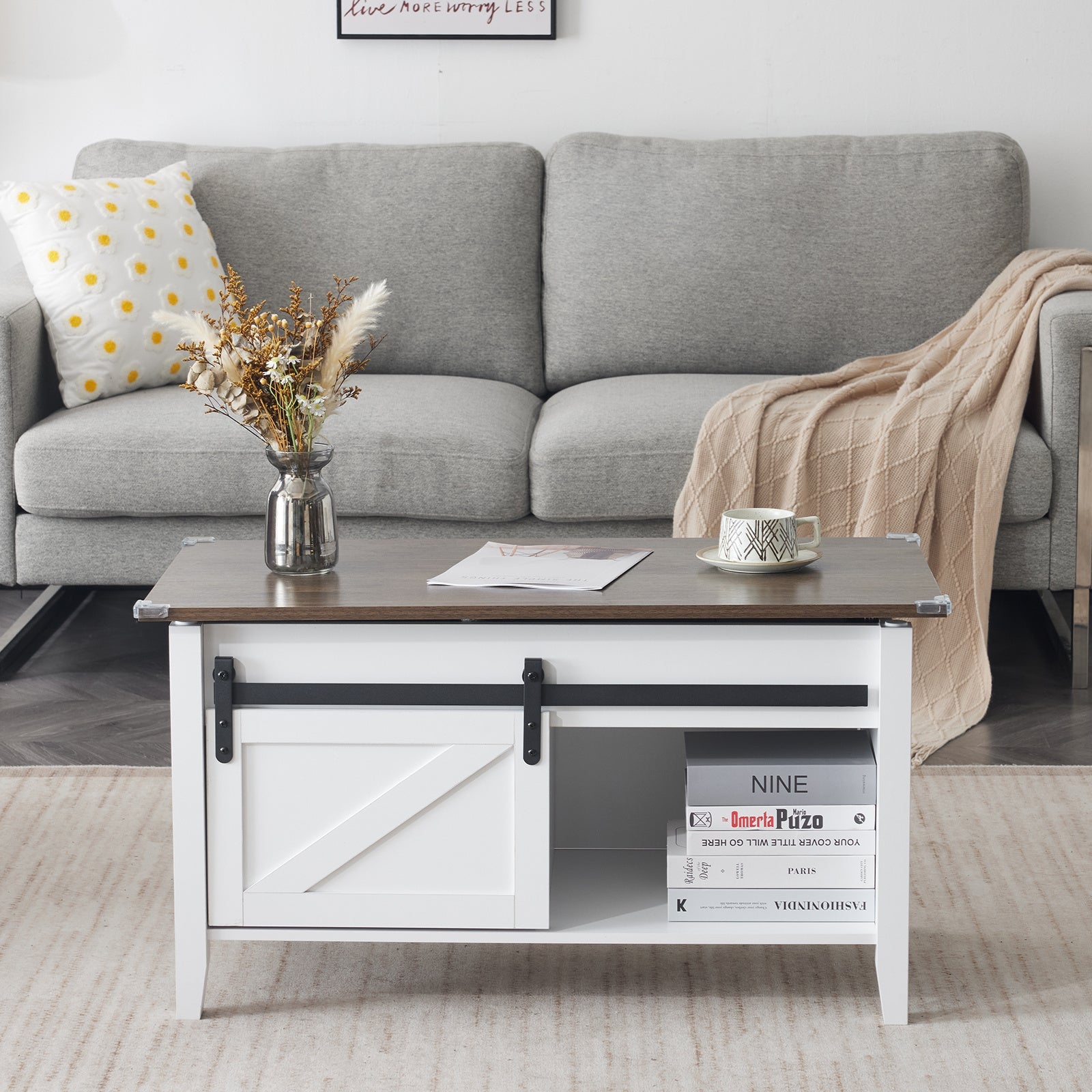 Lift Top Coffee Table Farmhouse Rustic with Sliding Barn Door