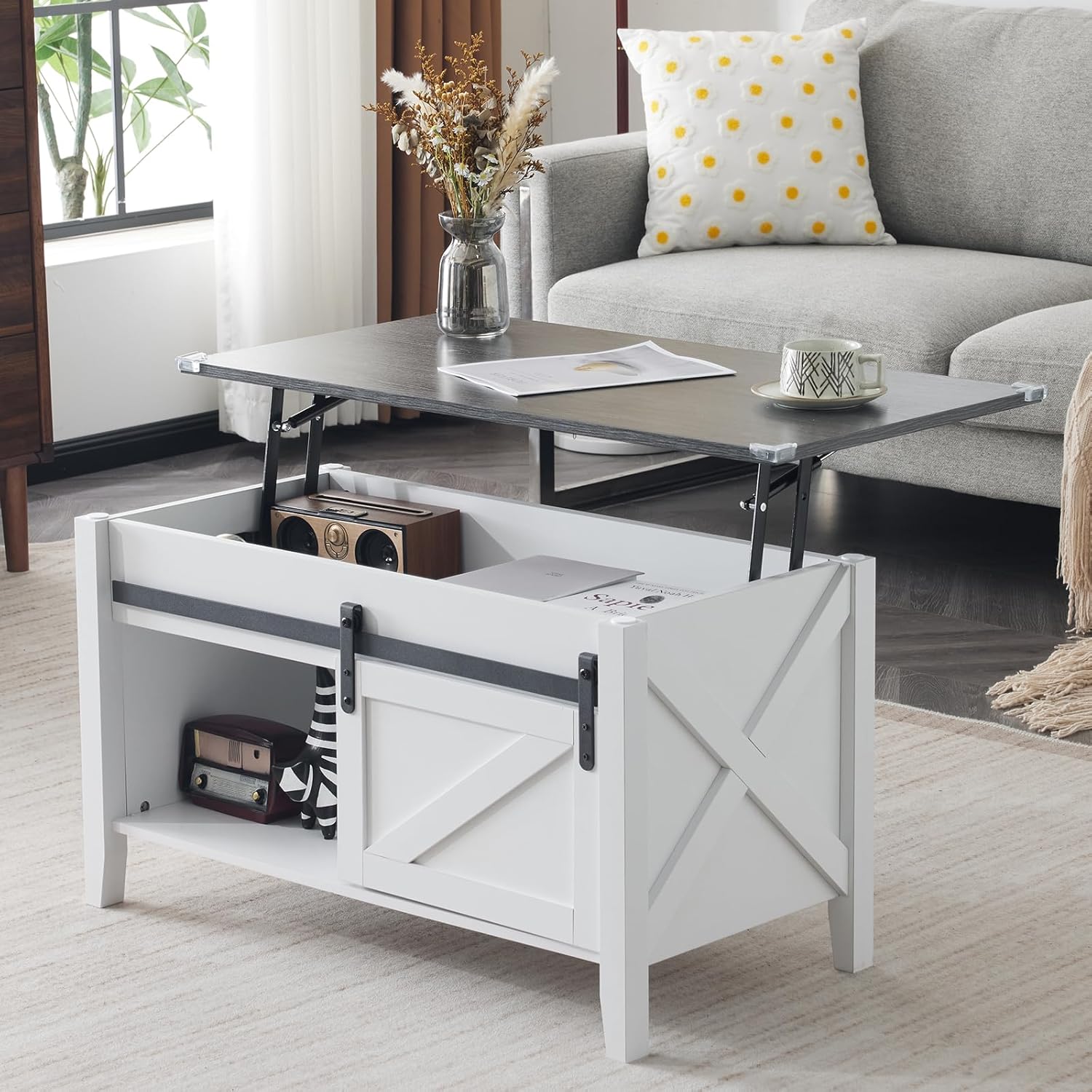 Lift Top Coffee Table Farmhouse Rustic with Sliding Barn Door