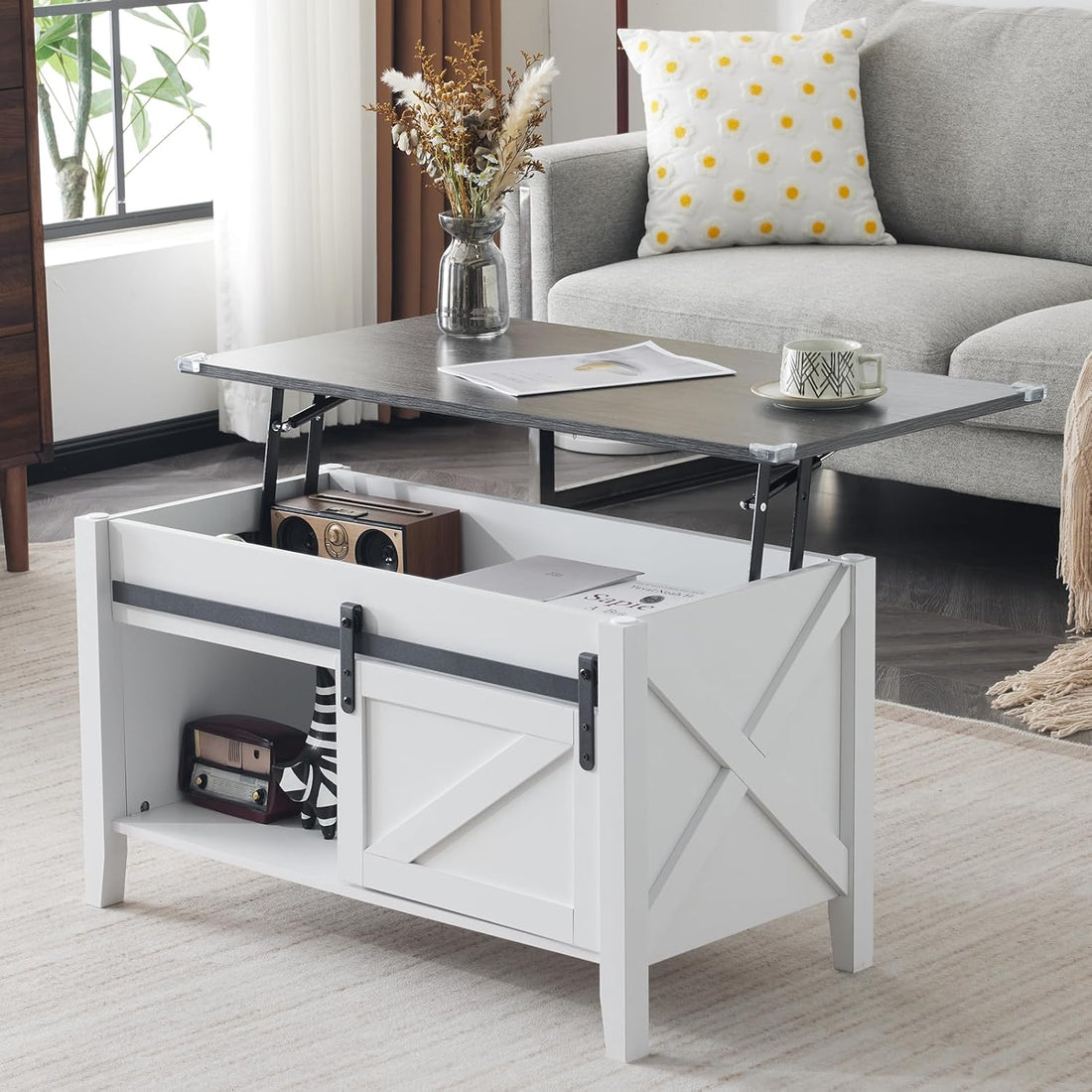 Lift Top Coffee Table Farmhouse Rustic with Sliding Barn Door