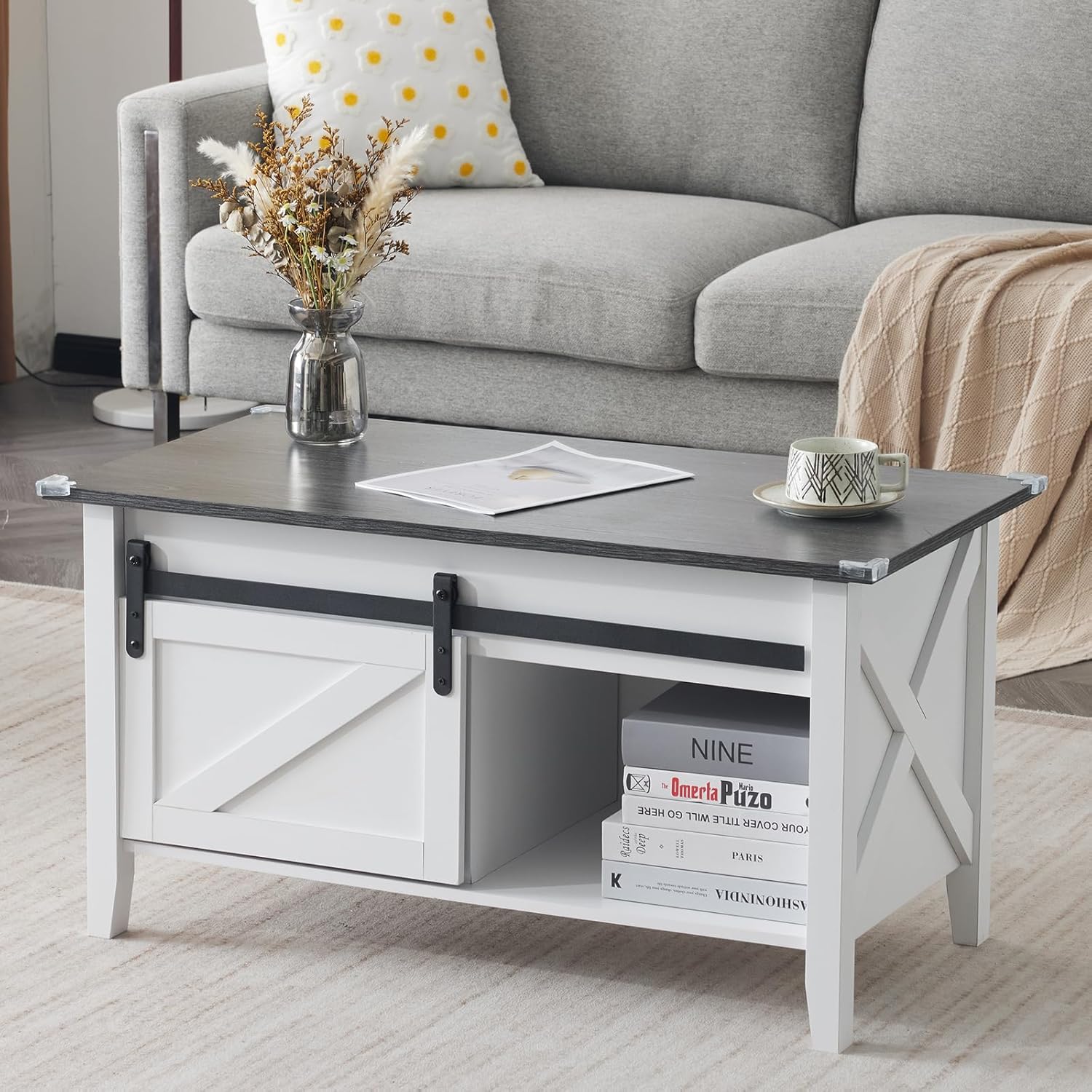 Lift Top Coffee Table Farmhouse Rustic with Sliding Barn Door