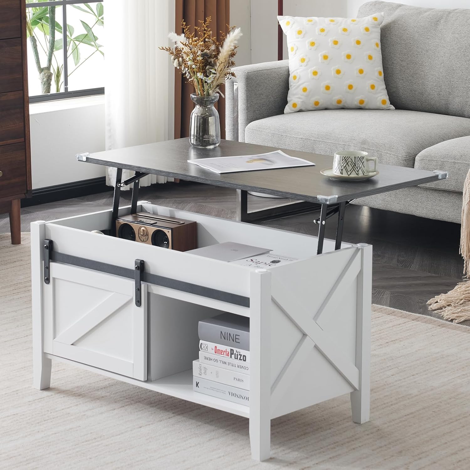 Lift Top Coffee Table Farmhouse Rustic with Sliding Barn Door