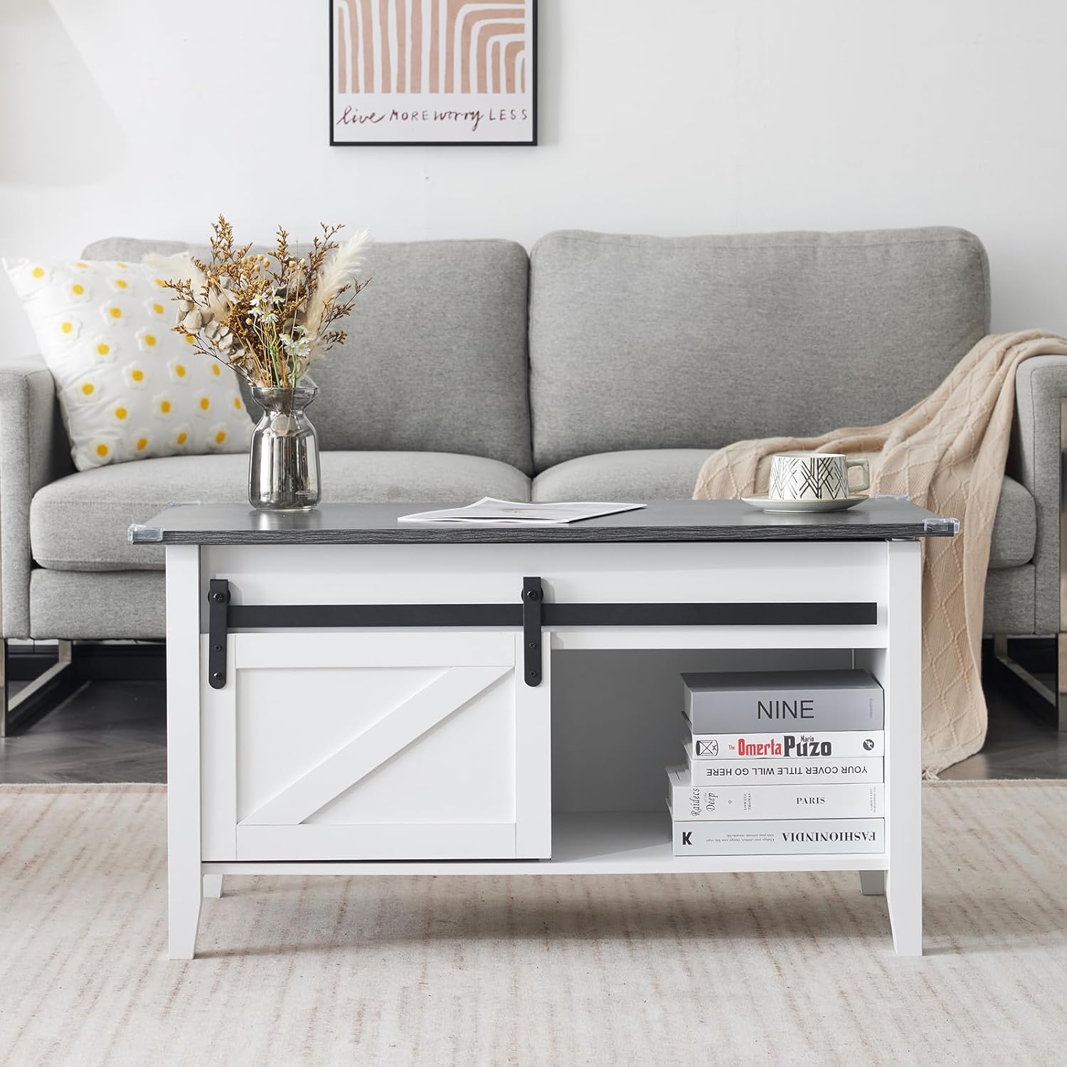 Lift Top Coffee Table Farmhouse Rustic with Sliding Barn Door