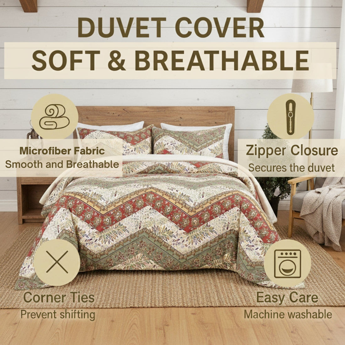 Botanical Cranberry Sage Chevron Duvet Cover Set (JHW-924)