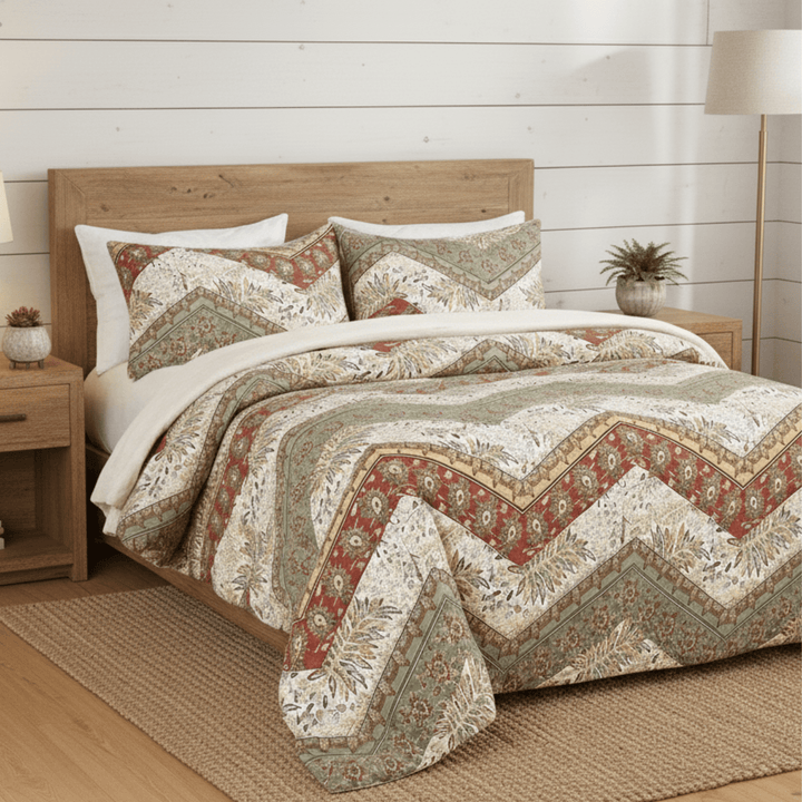 Botanical Cranberry Sage Chevron Duvet Cover Set (JHW-924)