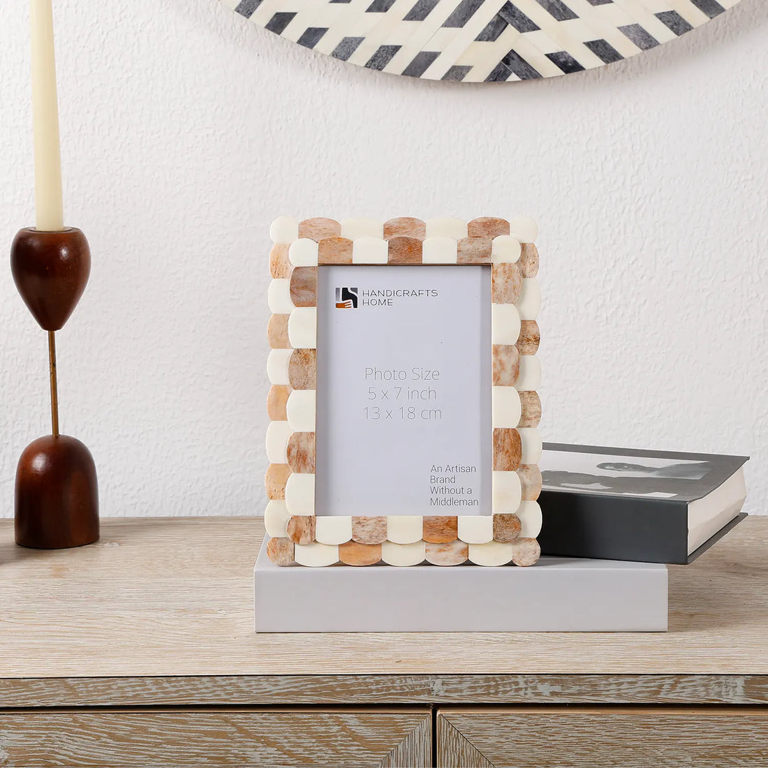 Picture Frame Scalloped Art Collection Bone Inlay Brown White 3 Sizes