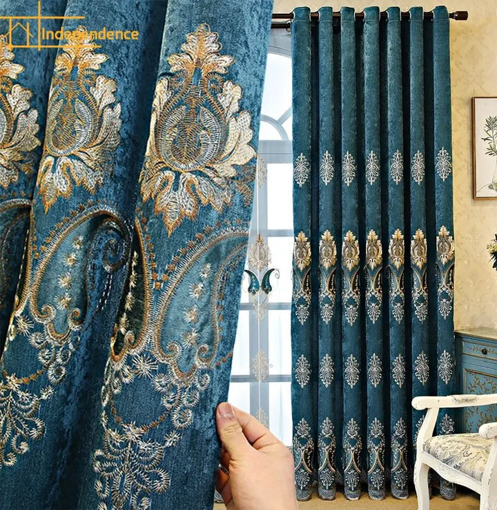 Blue Thickened Embroidery Chenille Shading Curtains for Living Room Bedroom Partition Curtain