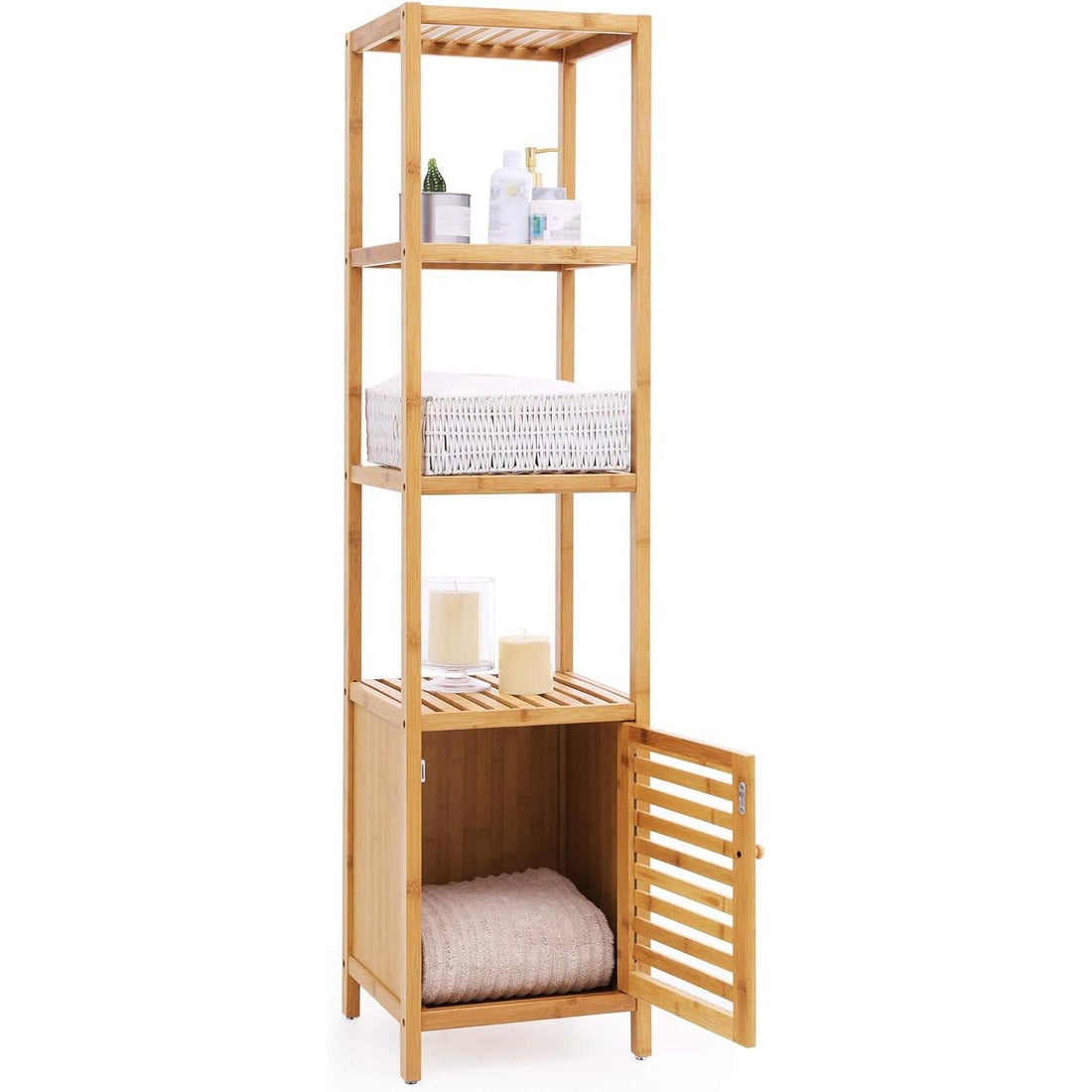 Slim 3-Shelf Bamboo Wood Bookcase with Bottom Storage Cabinet