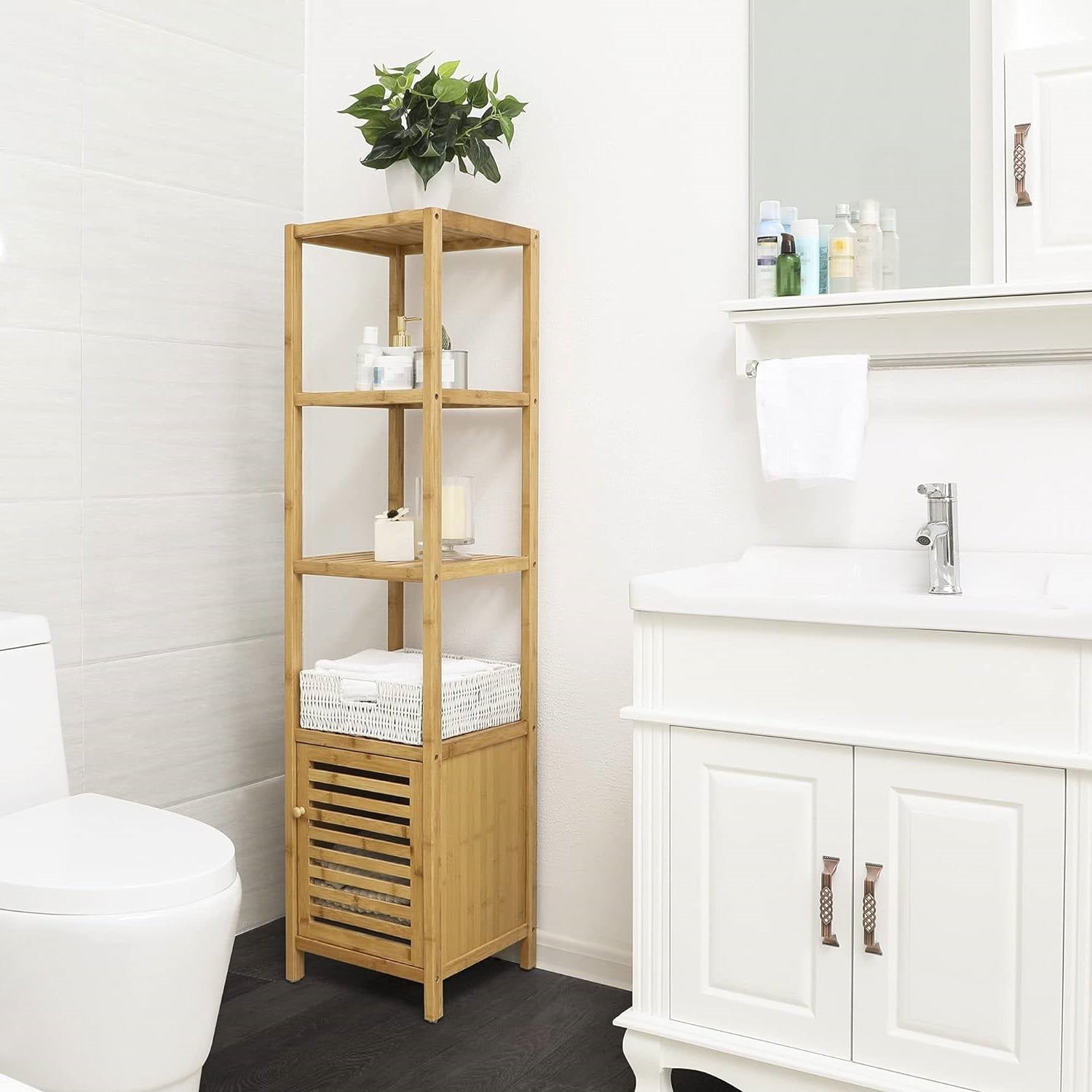 Slim 3-Shelf Bamboo Wood Bookcase with Bottom Storage Cabinet