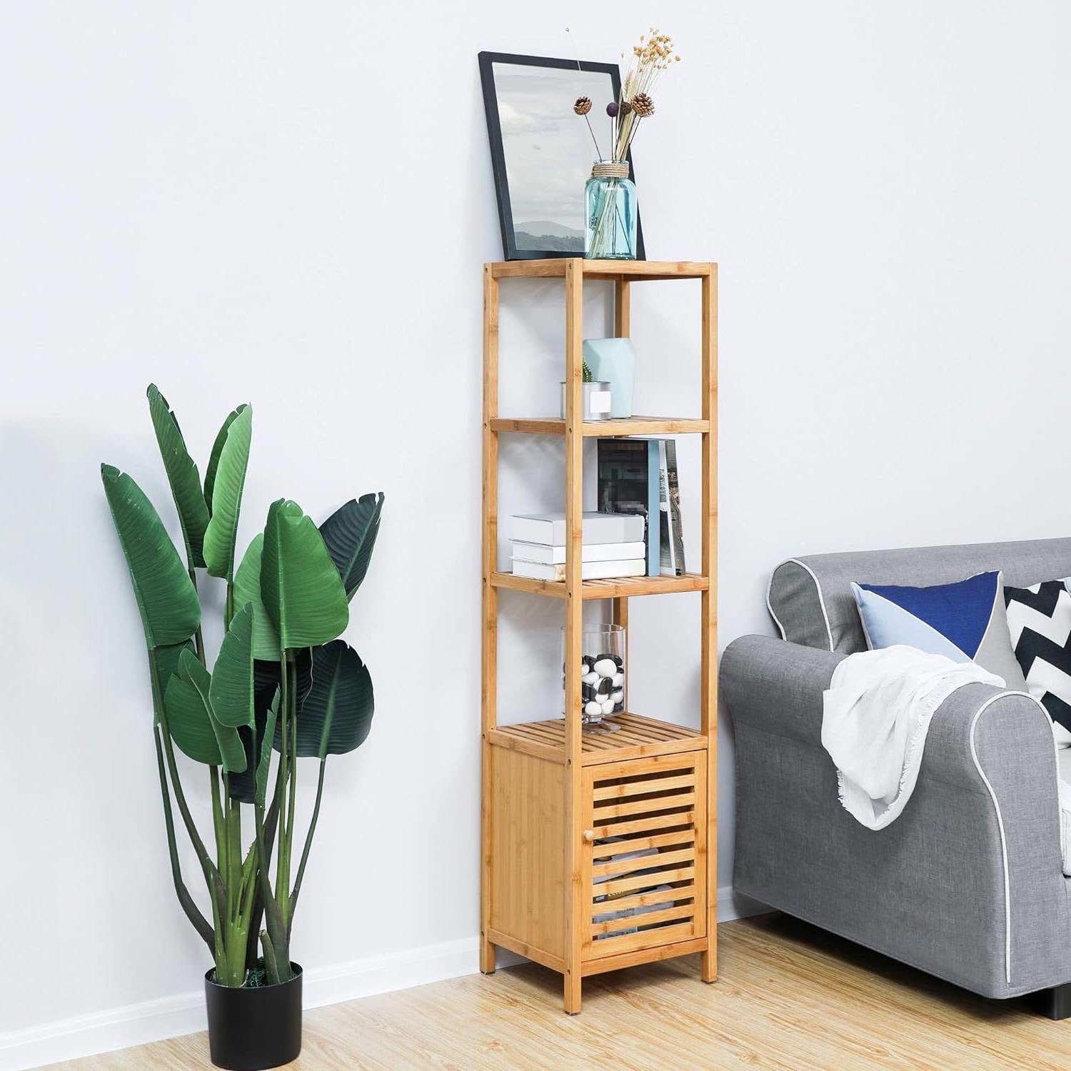 Slim 3-Shelf Bamboo Wood Bookcase with Bottom Storage Cabinet