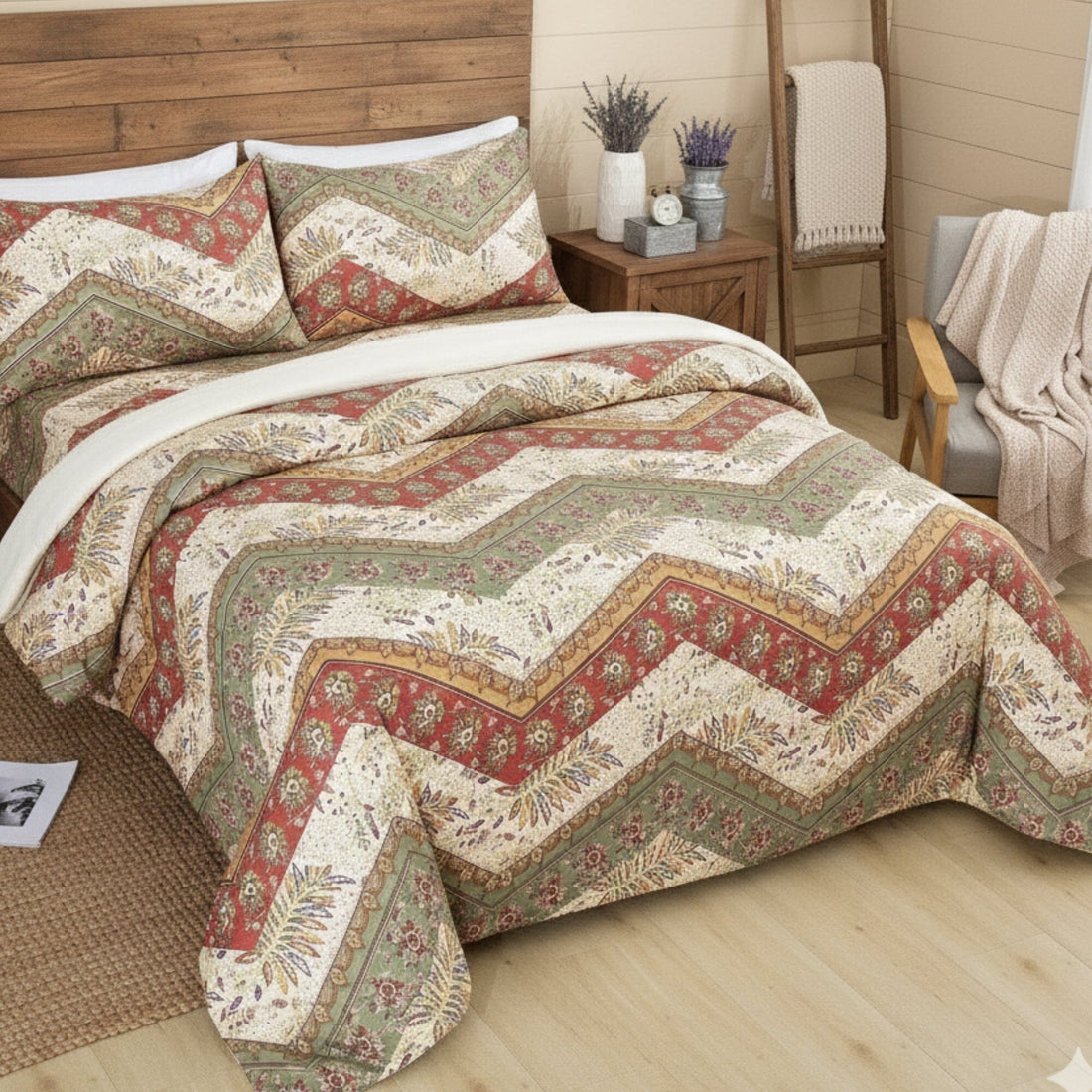 Botanical Cranberry Sage Chevron Duvet Cover Set (JHW-924)