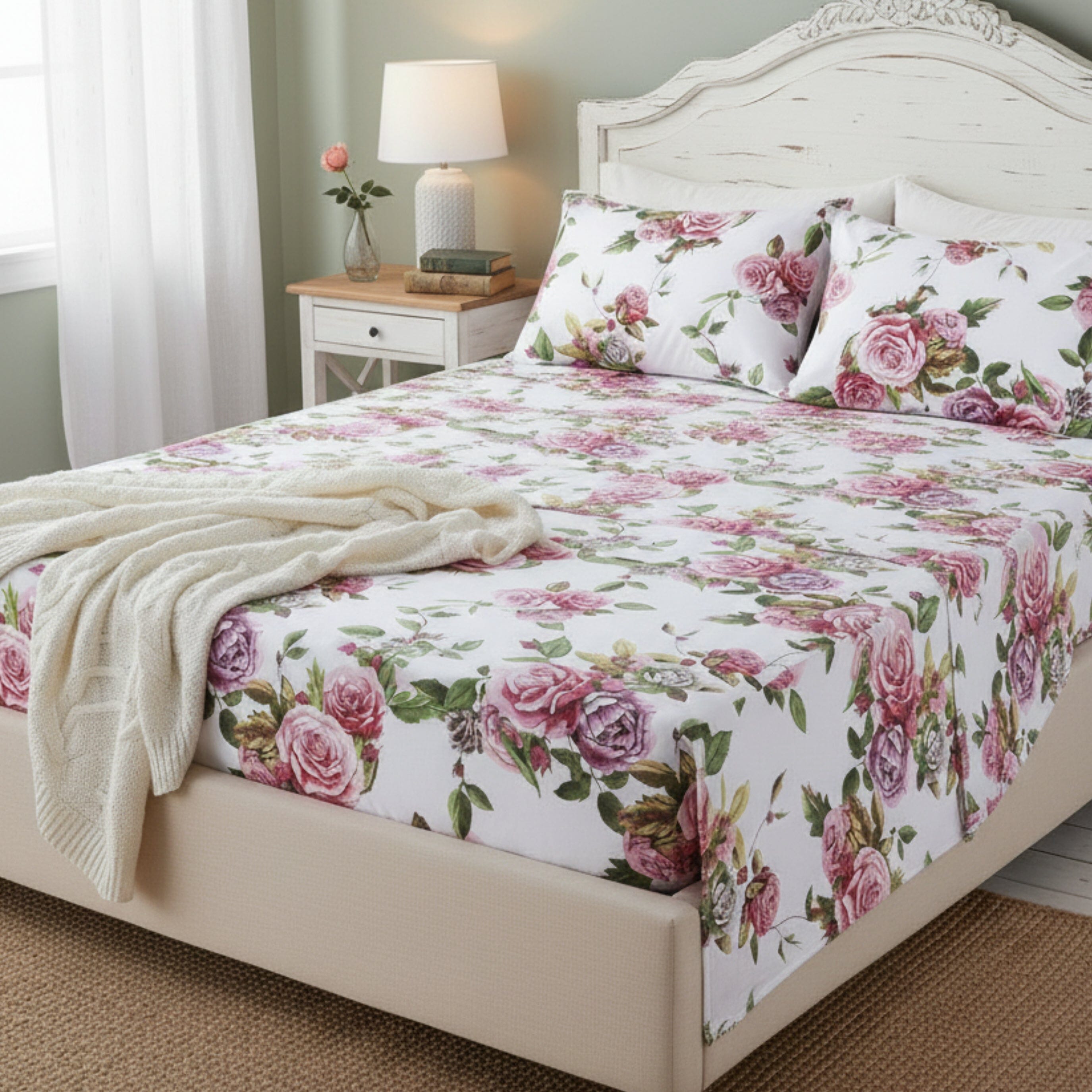 Romantic Roses Lovely Spring Pink Floral Garden Bed Sheet Set